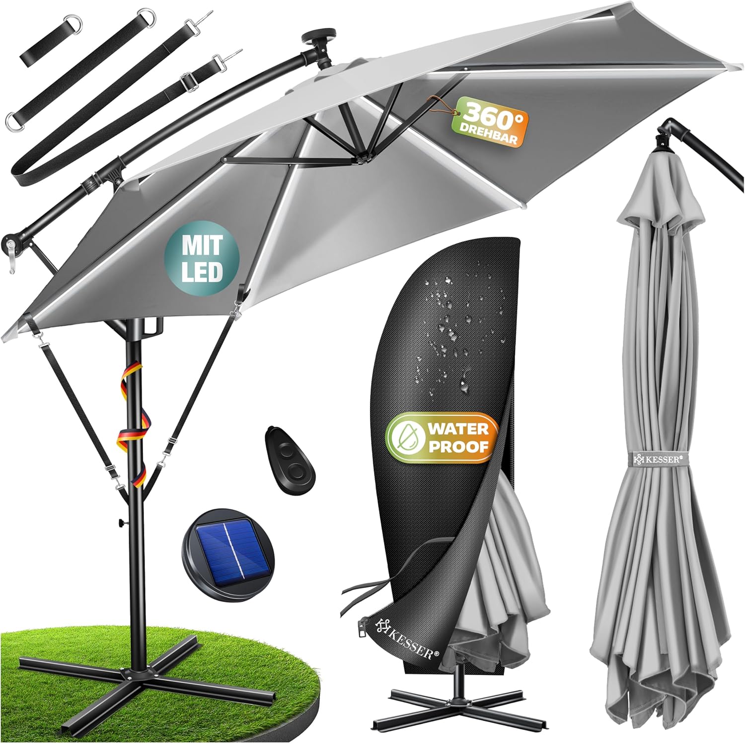 KESSER® Alu Ampelschirm LED Solar mit 24 LEDs, Solar, Kurbel und 360° Drehfunktion inkl. Abdeckung & Fernbedienung