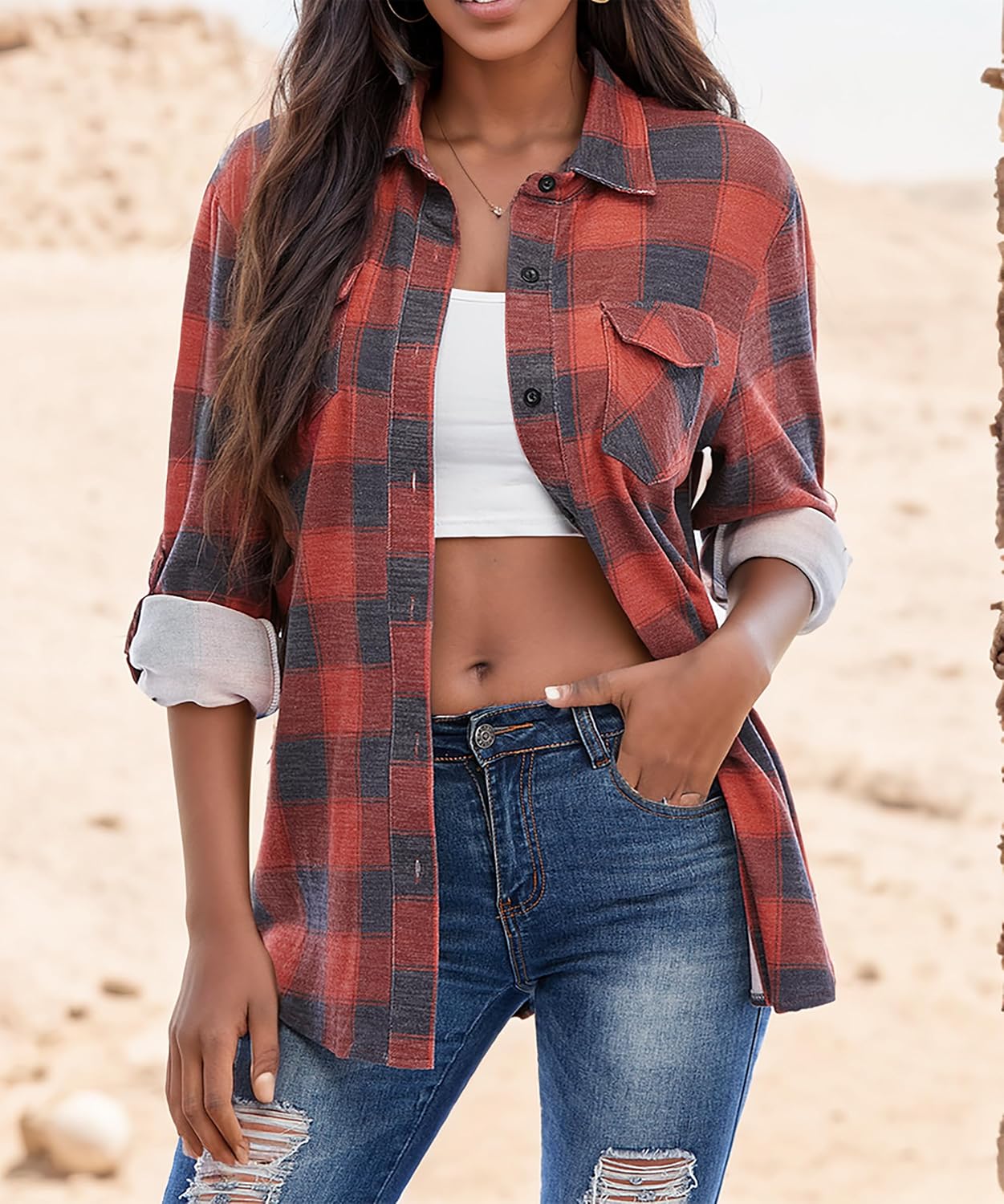 Detalle de Timuspo geruite flanellen hemdblouse voor dames met knoopsluiting en V-hals
