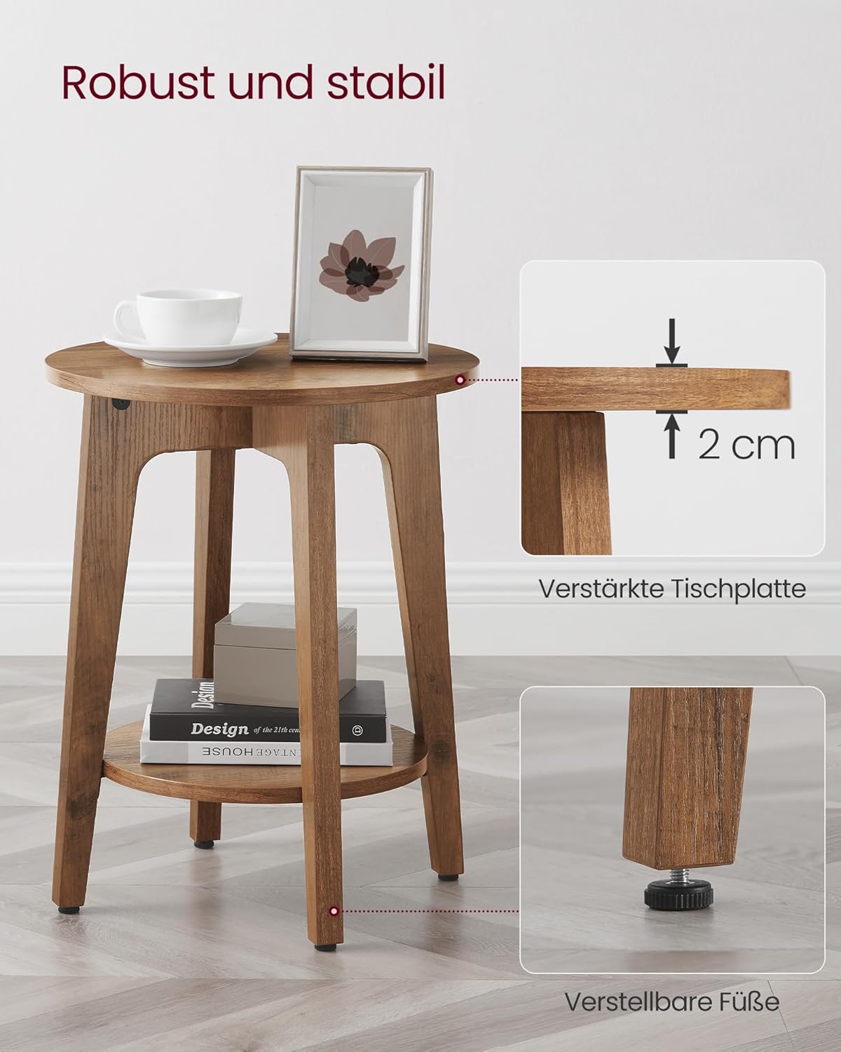 Detalle de VASAGLE Beistelltisch LET283T41 – runder, kompakter Couchtisch in Honigbraun mit Ablage