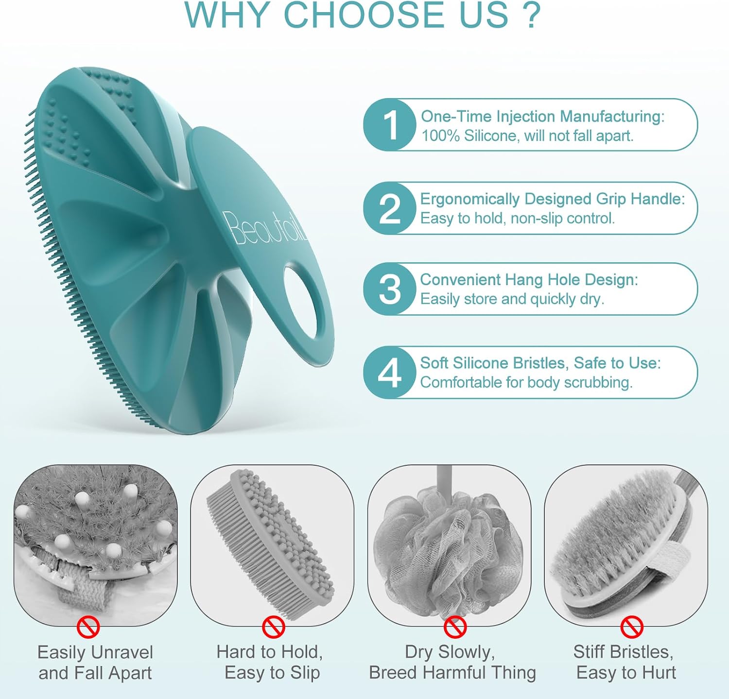 Detalle de BEAUTAIL Silicone Body Scrubber 2 Pack: Gentle, Hygienic Exfoliation for All Skin Types