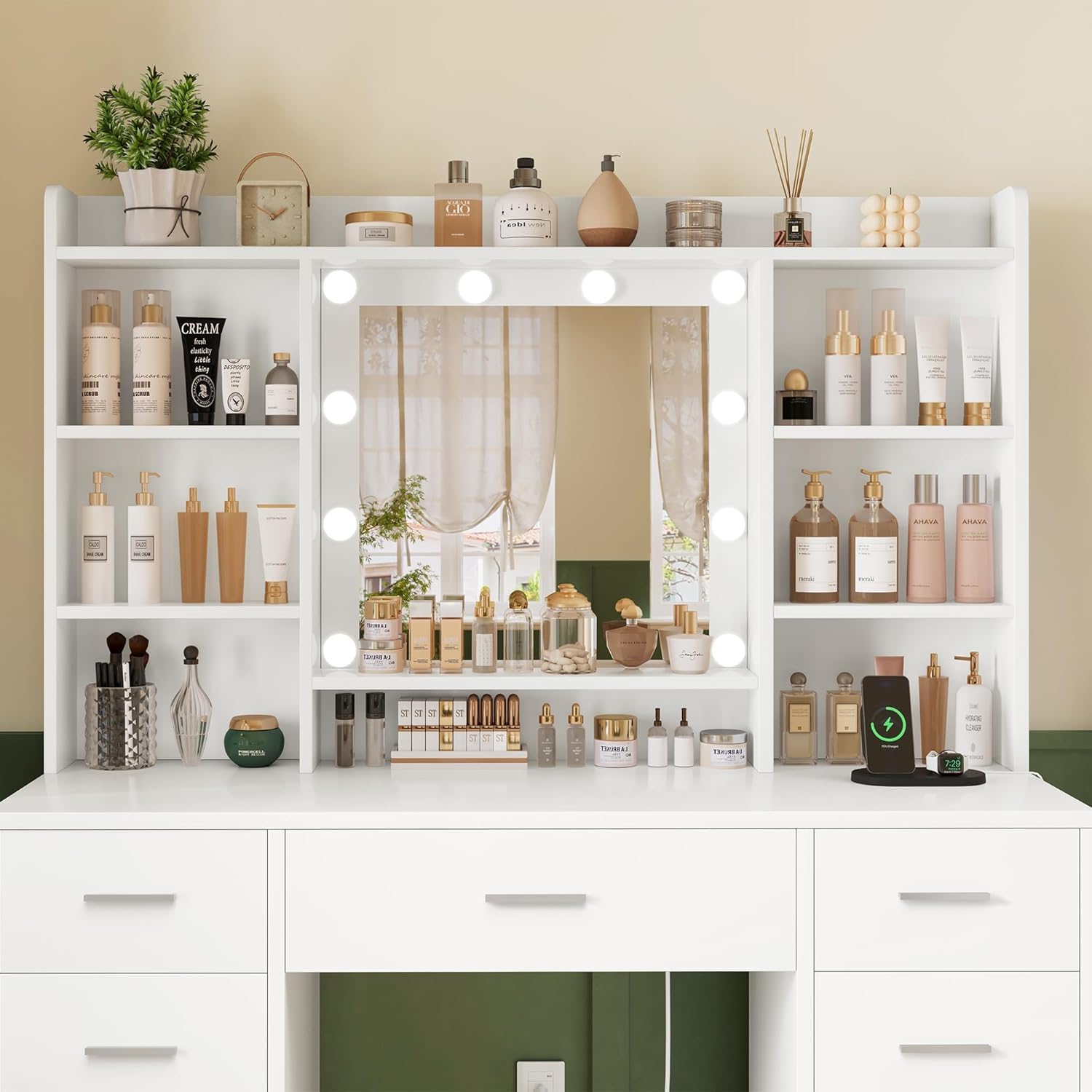 Detalle 2 de FIONESO vanity Vanity Desk with Mirror, 9 Drawers, 6 Shelves and Lights