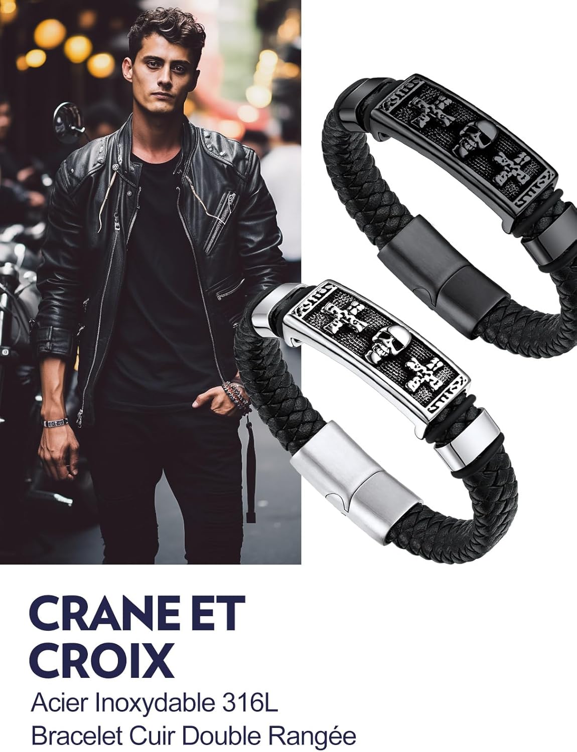 Thumbnail 4 de Bandmax Bracelet Homme Cuir PU Tressé Noir 21/23 cm avec Manchette Marteau – Accessoire de mode Bandmax