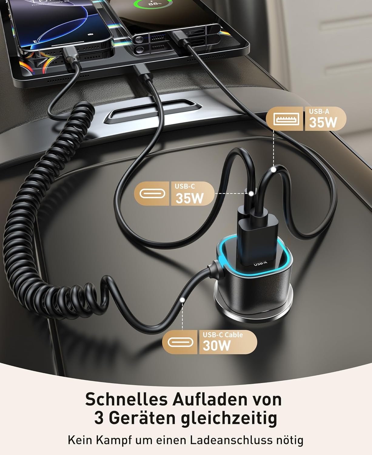 Thumbnail 5 de GuMosh 65 W caricatore auto USB-C con 3 porte (accendisigari) e cavo a spirale