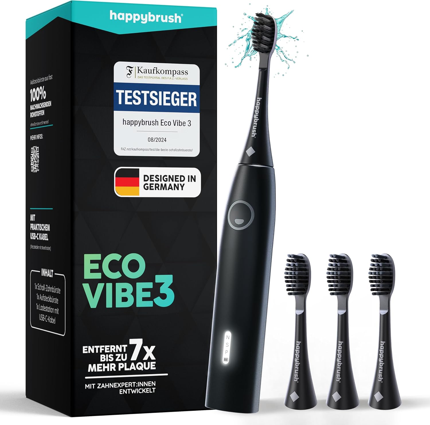 Detalle de happybrush® Schallzahnbürste Eco Vibe 3 (Black) – Ultraschall-Zahnbürste mit 8‑Wochen‑Power-Akku