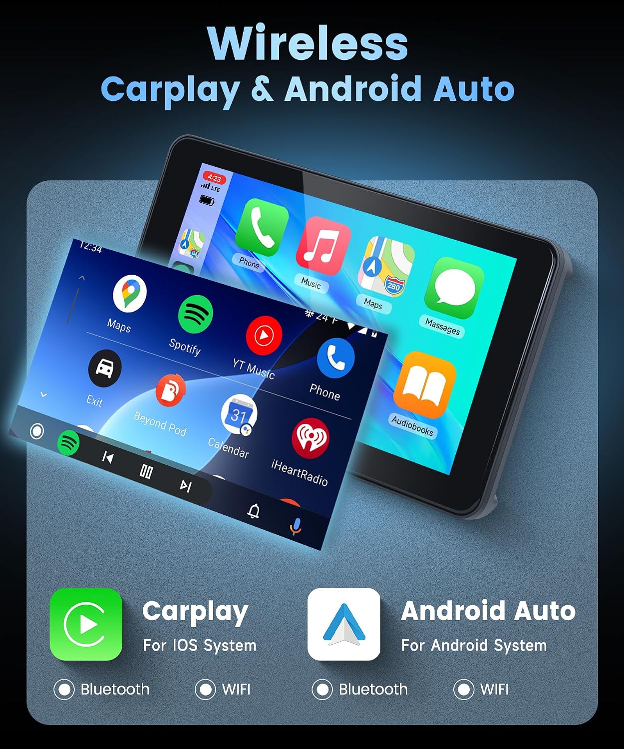 Detalle 2 de Rimoody 7 Inch Portable Car Stereo with Wireless CarPlay, Android Auto and Backup Camera