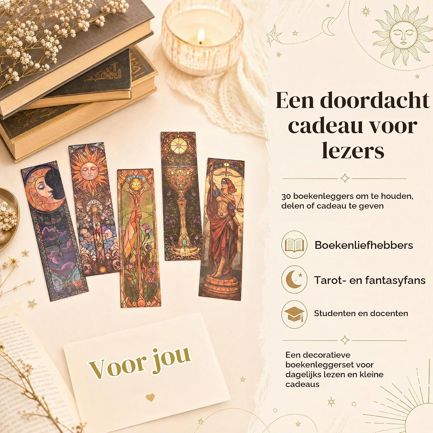 Detalle de YIMINGOUFEI BM2025 tarotboekenleggers in glas-in-loodstijl, set van 30