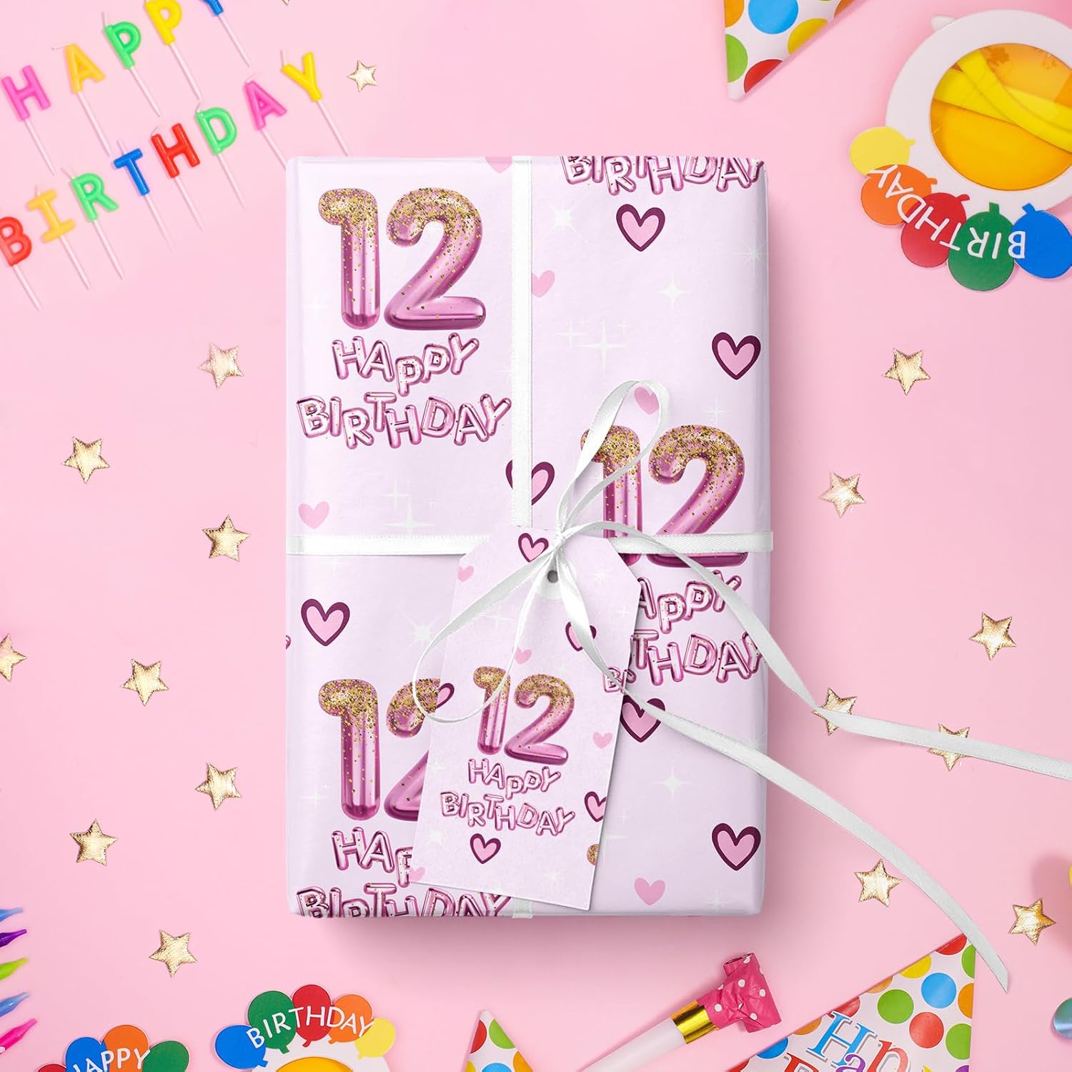Thumbnail 5 de RUSPEPA 12th Birthday Wrapping Paper for Girls – Hearts and Pink 12 Balloons Happy Birthday Design, Mini Roll 43.2cm x 5m