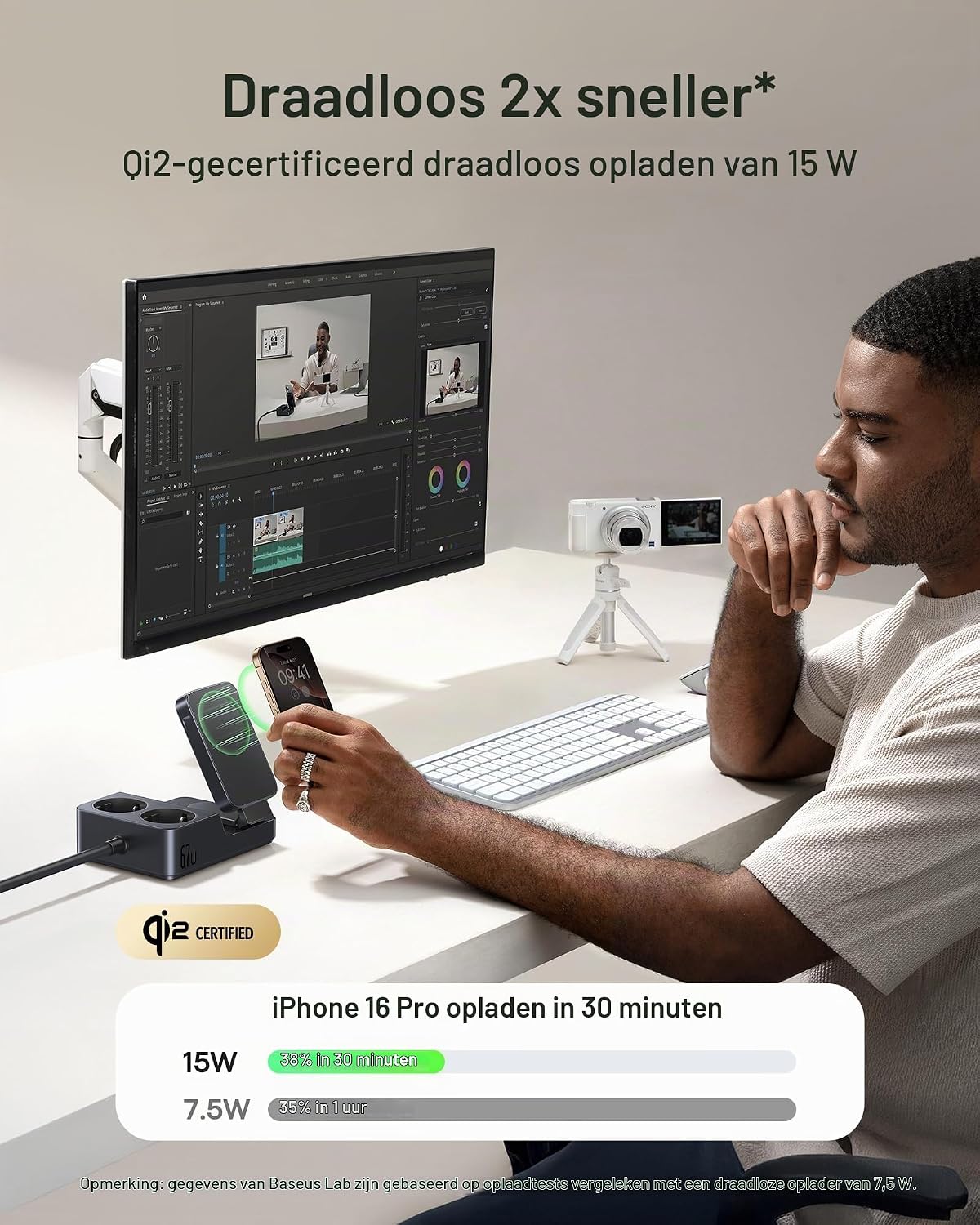 Thumbnail 2 de Baseus Nomos 67W stekkerdoos met Qi2, USB-C en verstelbare magnetische lader