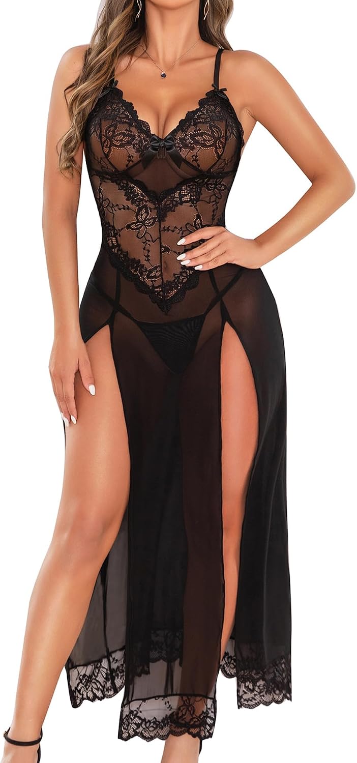 Detalle de RSLOVE babydoll-nachthemd van kant en mesh met G-string