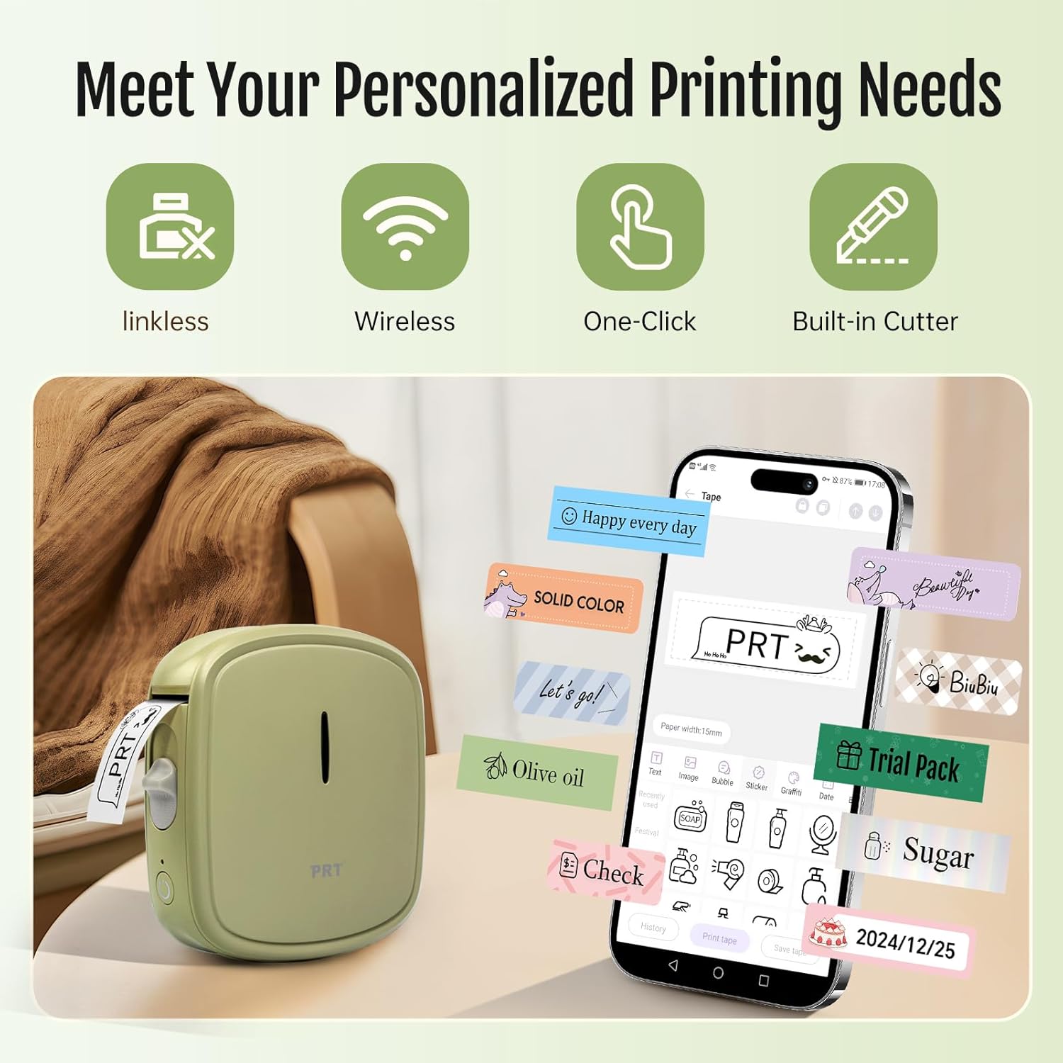 Thumbnail 1 de PRT PRT Label Maker Machine with 3Roll Tapes (12M) – portable Bluetooth label printer (green)