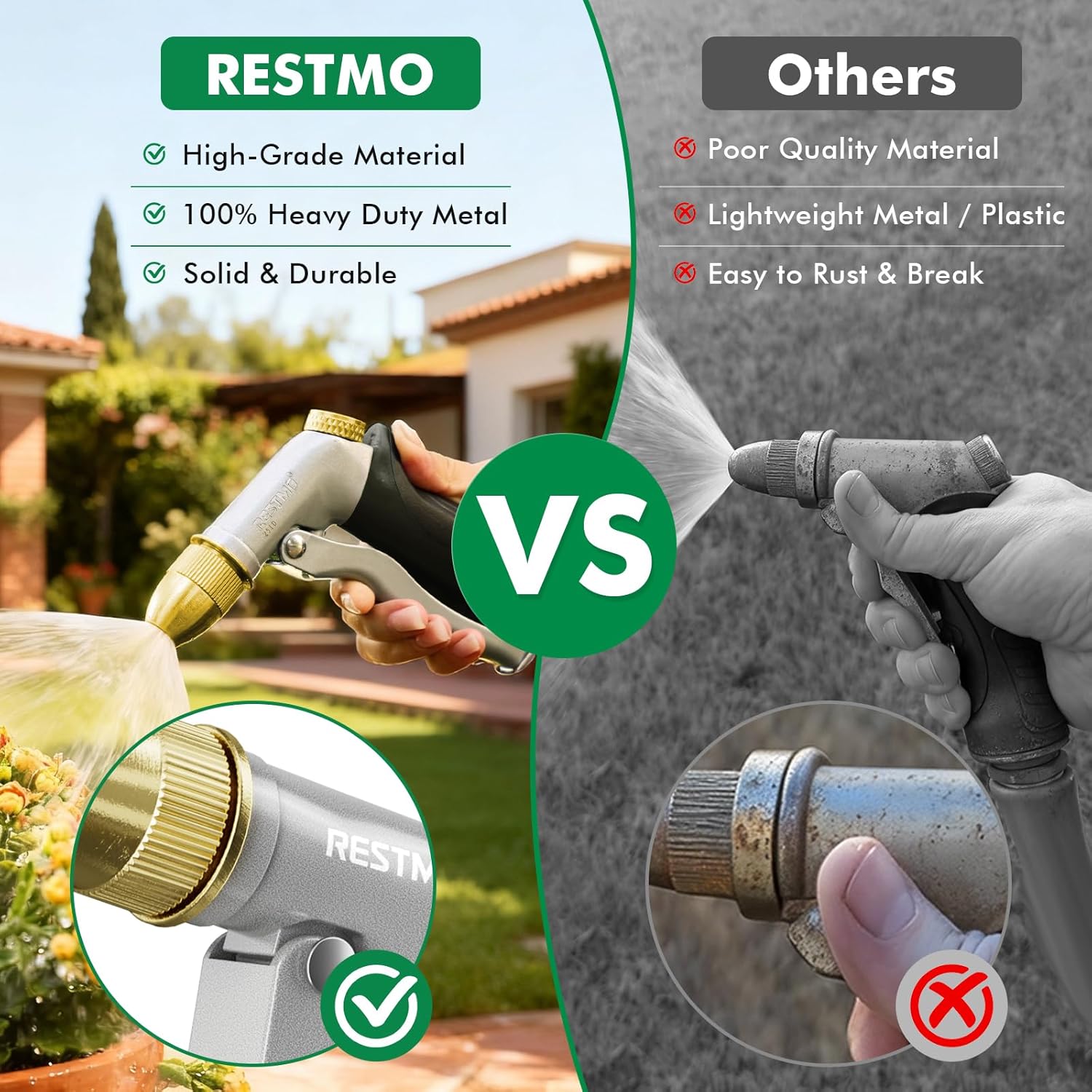 Thumbnail 6 de RESTMO High Pressure Hose Pipe Spray Gun (100% metal, solid brass head, 4 spray patterns) – Black