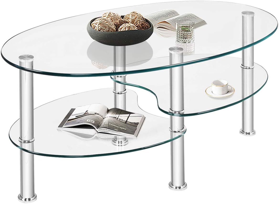 LIFEZEAL Table Basse Ovale en Verre Trempé – 3 Niveaux, cadre métal robuste, 90 × 50 × 45 cm