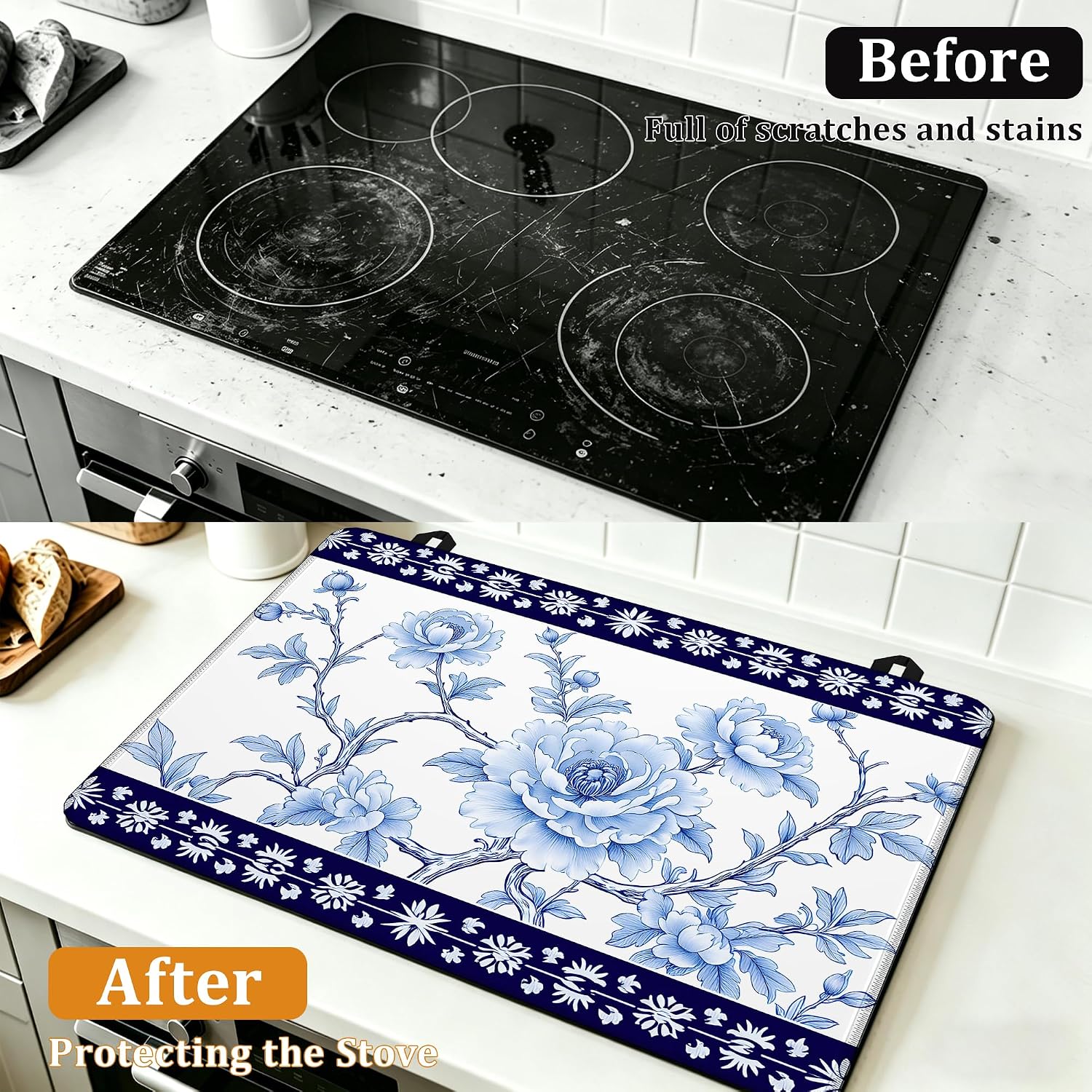 Detalle 2 de YIKTI Blue Floral Stove Top Cover, 28 x 20 Inch Heat-Resistant Mat