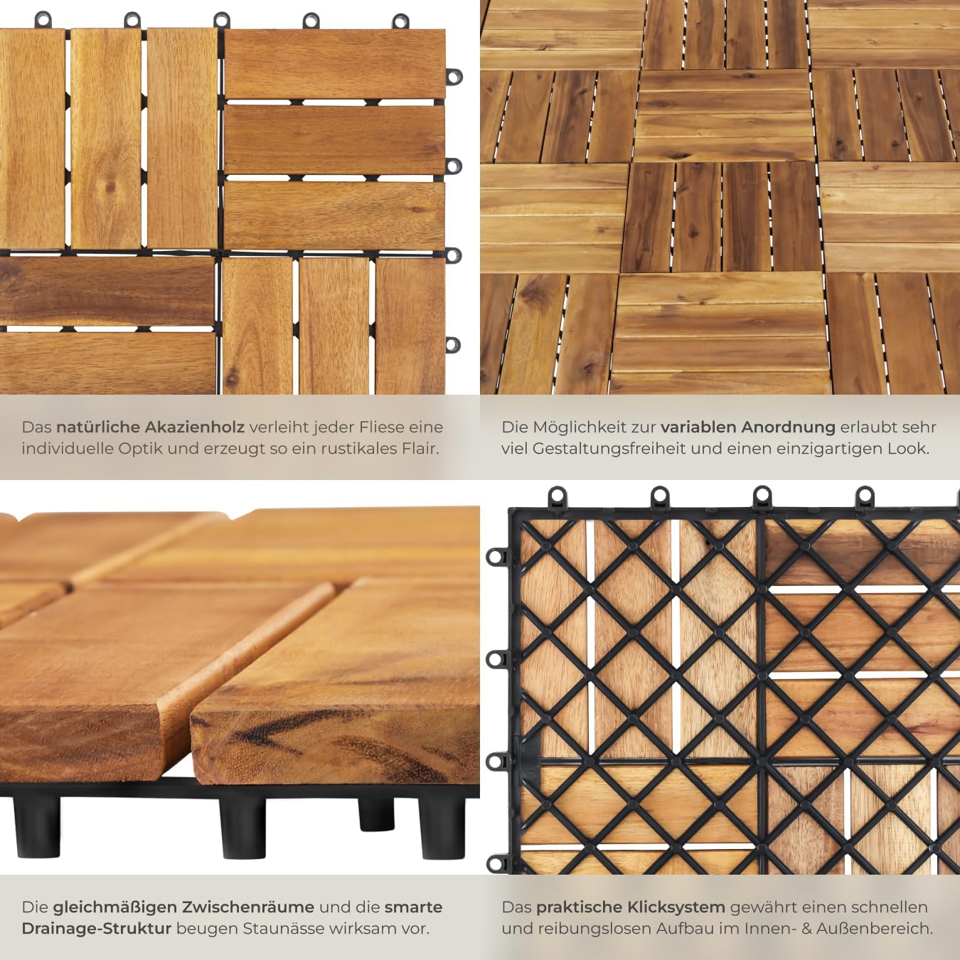Detalle 2 de tectake Holzfliesen 40-teiliges Set – wetterfeste Akazienholz-Klickfliesen für Terrasse, Balkon & Gartenweg