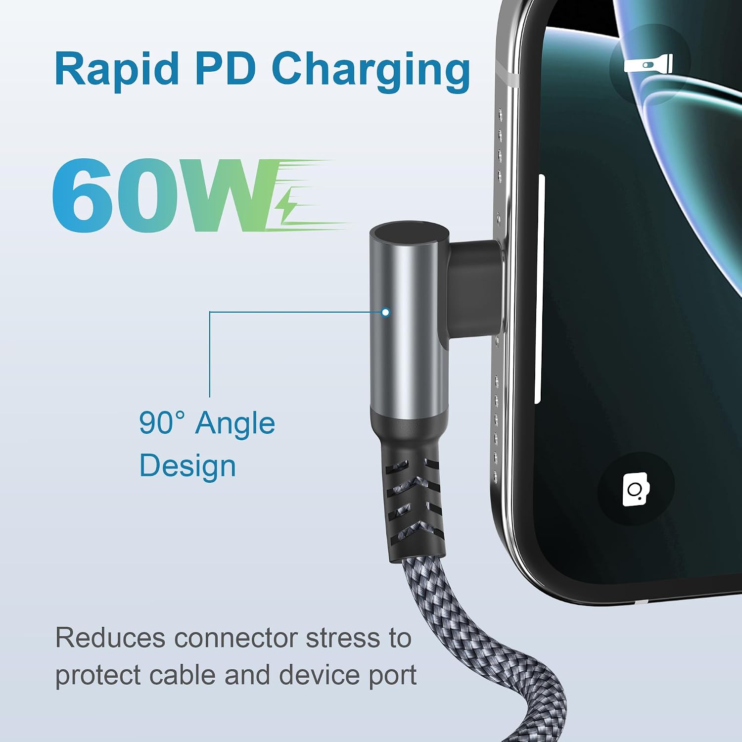 Detalle de BASESAILOR 60W USB-C fast charging car charger cable with right-angled connector (3m) + USB-C adapter