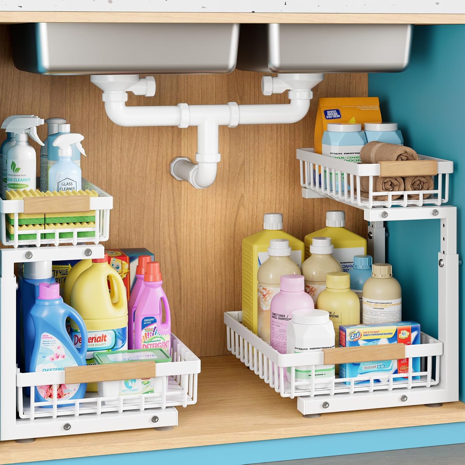 Detalle de Jusdyrack 2-Pack Under-Sink Organizers, Adjustable 2-Tier Pull-Out Metal Shelves