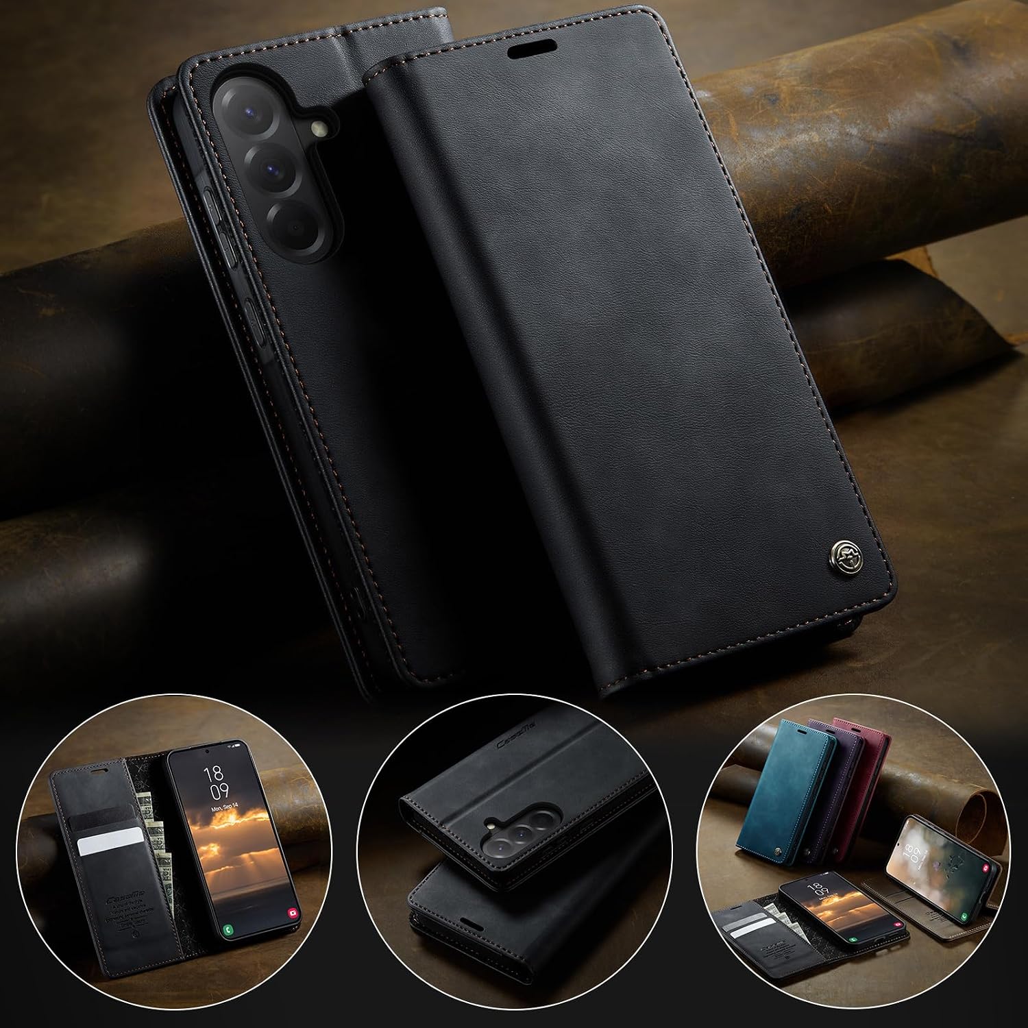 Detalle 2 de Lonjanfon Coque Samsung Galaxy A36 5G cuir PU premium avec blocage RFID, porte-cartes et support magnétique – Noir