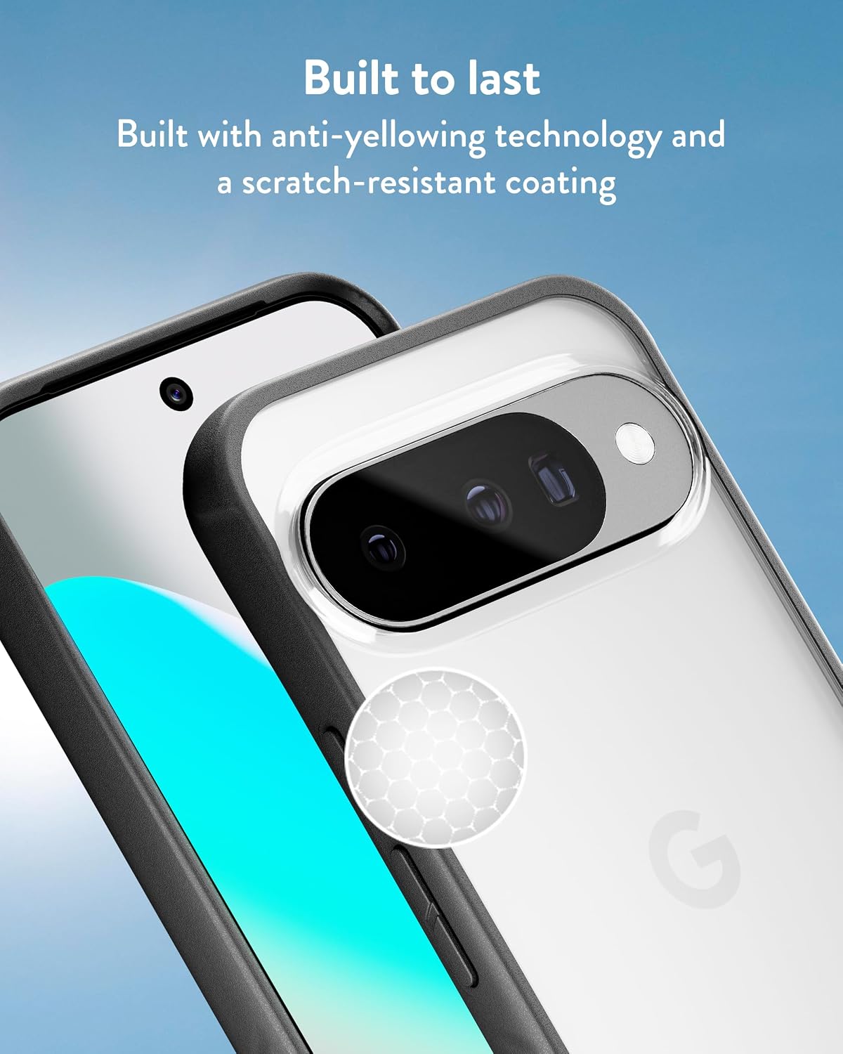 Detalle de Mous Clarity per Google Pixel 10 / 10 Pro (2025) con protezione anti-graffio e anti-ingiallimento