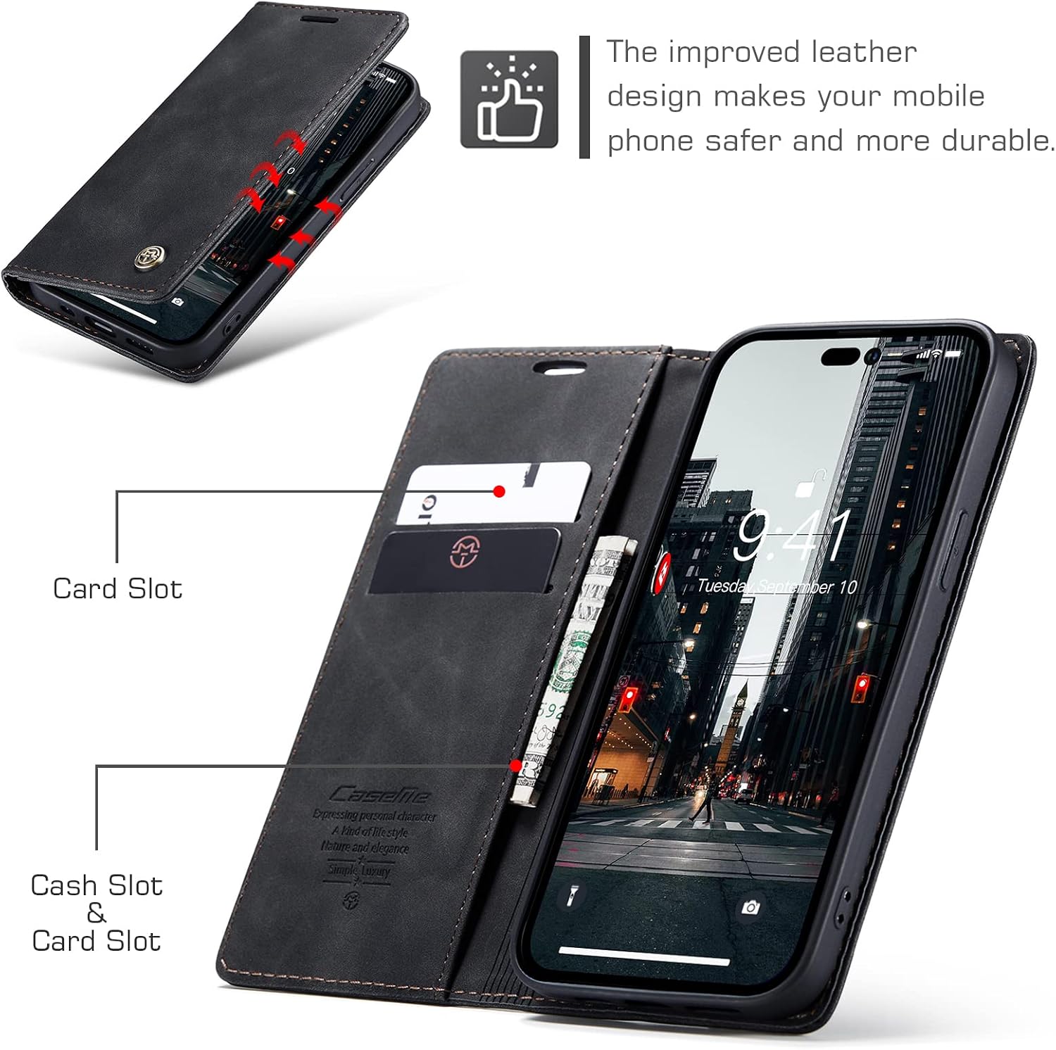 Detalle de Cracedily Klapphülle Premium Leder für iPhone 14 Pro Max – Schwarz