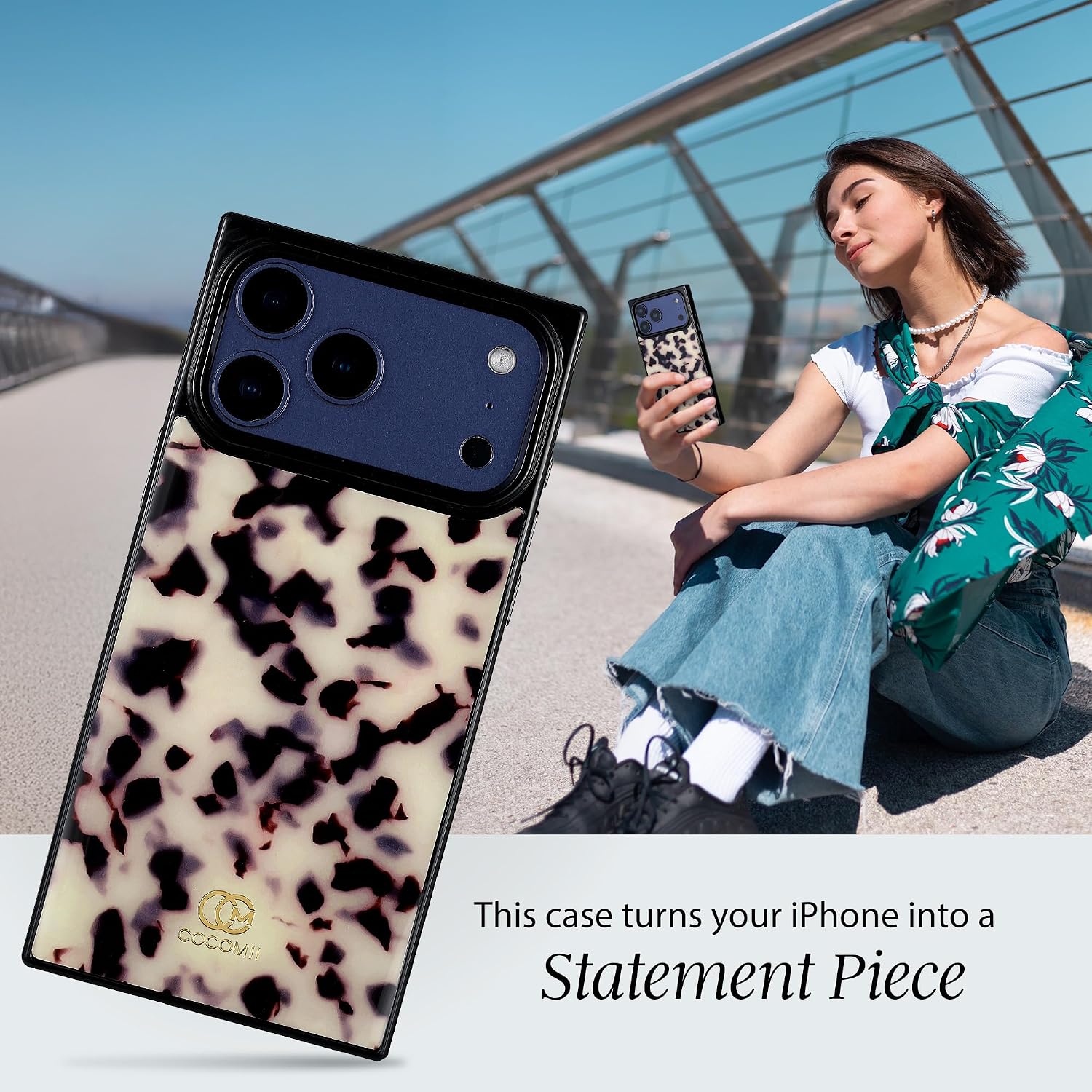 Detalle de COCOMII Rectangle Case for iPhone 17 Pro Max – Ivory Tortoiseshell, MagSafe Compatible