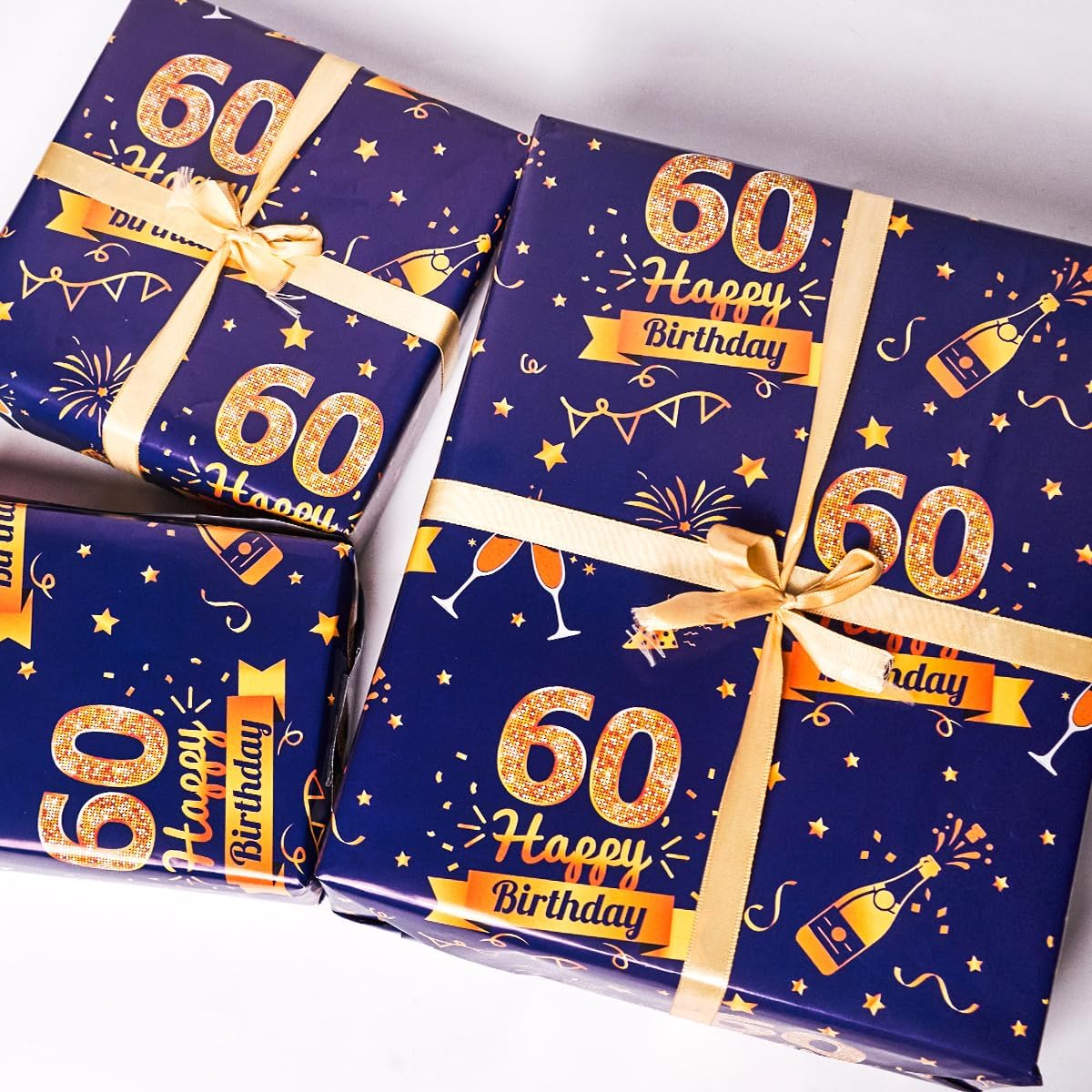 Detalle de 60th Birthday Wrapping Paper Set with Tags & Ribbons (Blue & Gold)