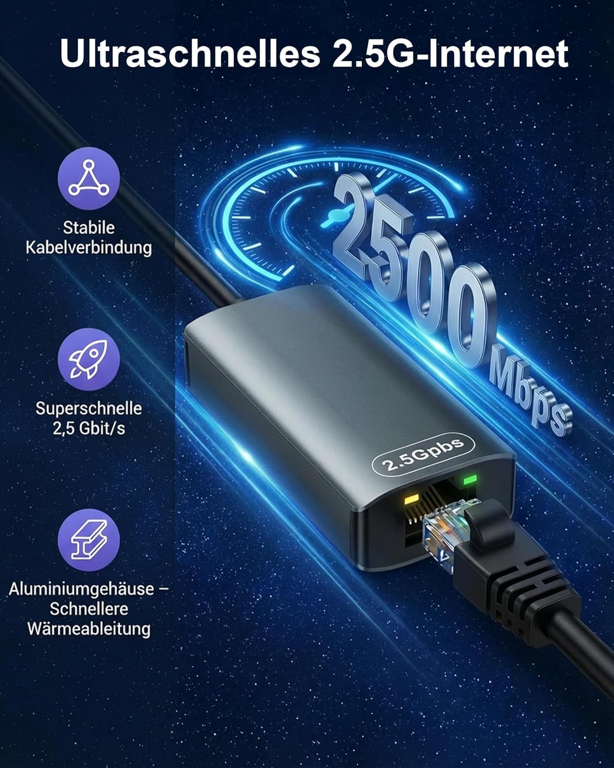 Detalle 2 de USB-C Ethernet Adapter 1000M mit Hub – Gigabit LAN, 3x USB‑3.0 & 1x Type‑C Port (2,5G LAN)