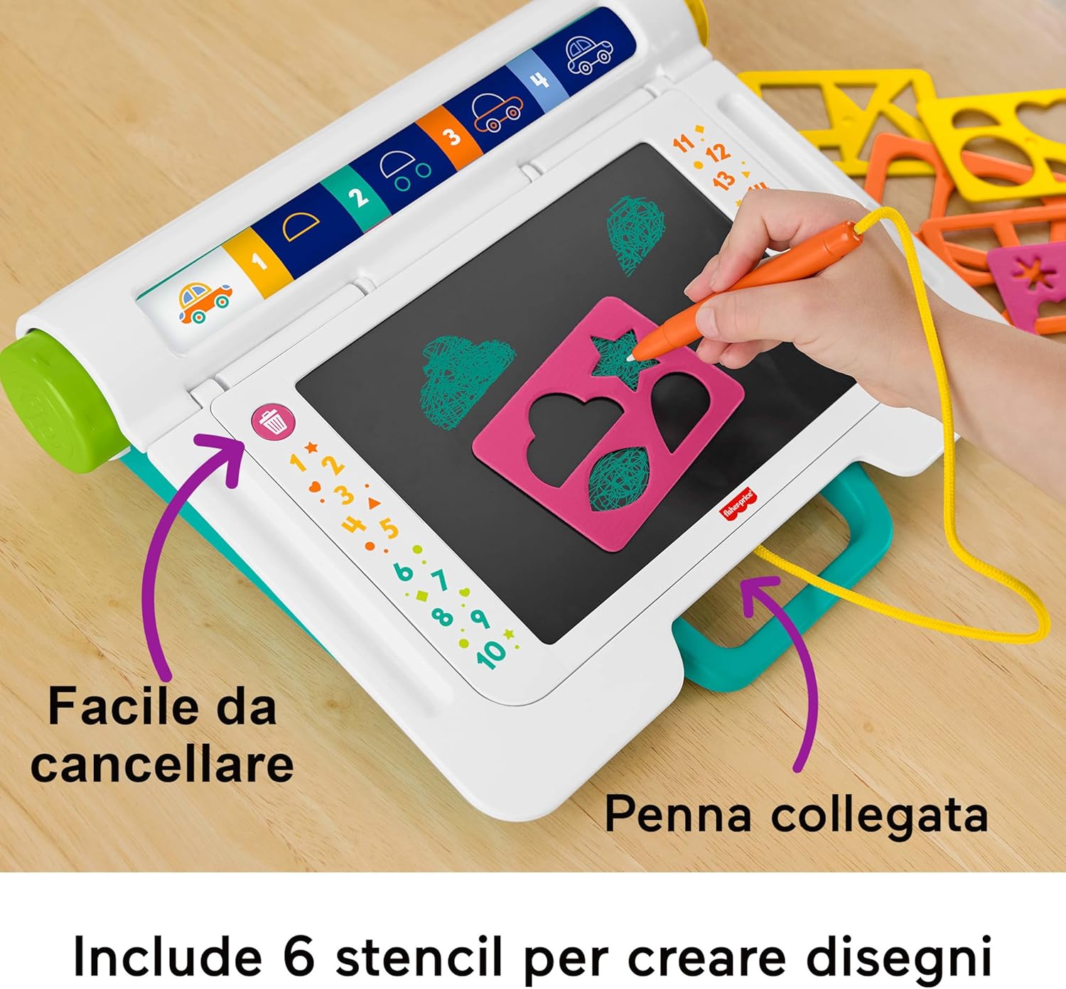 Detalle 2 de Fisher-Price Postazione Impara e Scarabocchia – Postazione per Scrittura e Disegno con LCD e Stencil, 3+ Anni (JDL70)