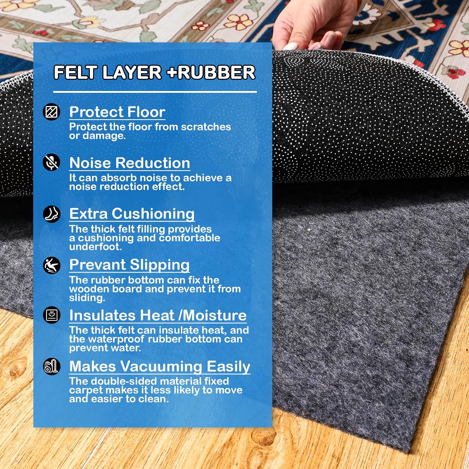 Thumbnail 1 de Non-Slip Rug Pads 8 x 10 ft Waterproof Felt + TPR Non-Skid Rug Pad for All Floors