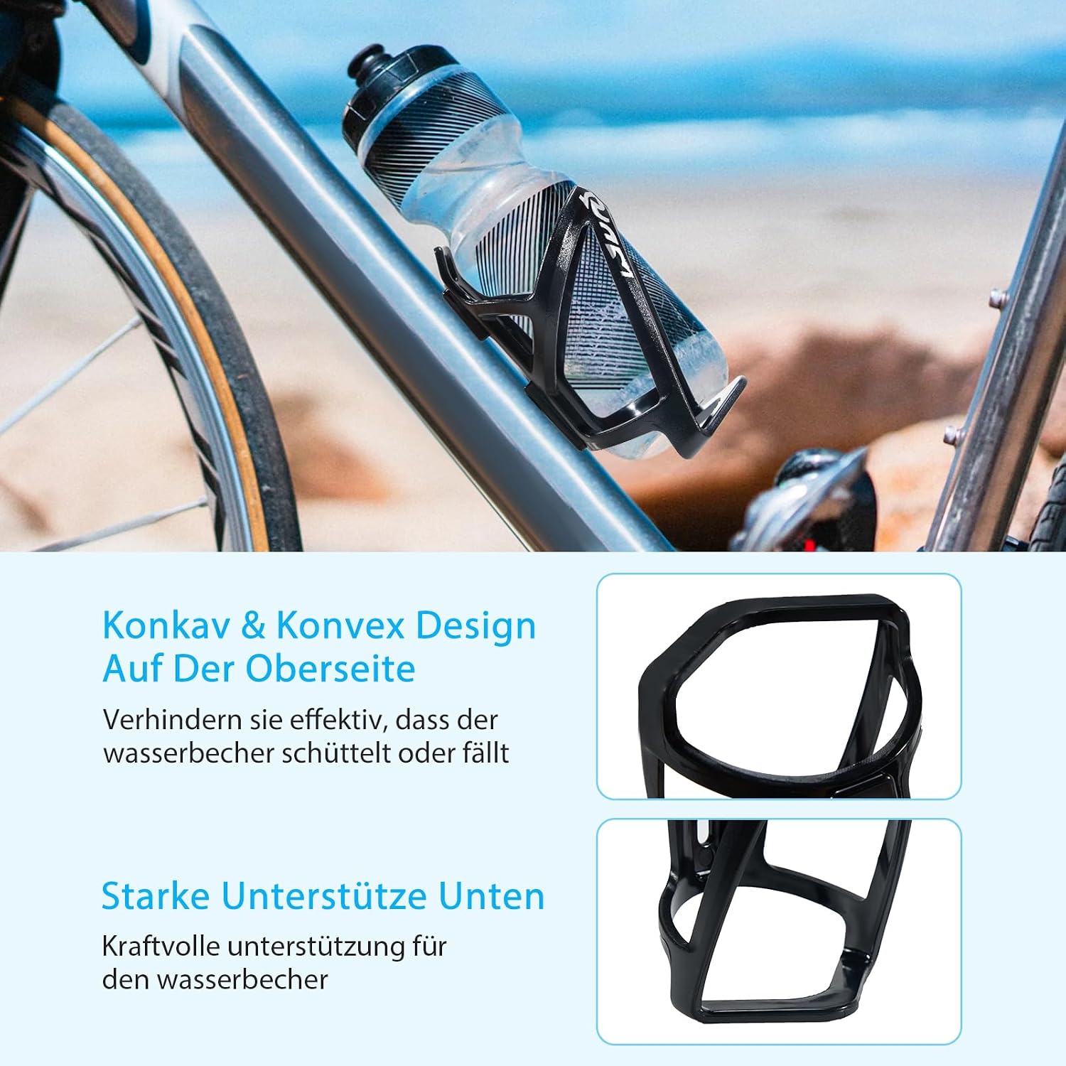 Detalle de Elalove 2er Set Flaschenhalter Fahrrad – universeller, leichter PC-Flaschenhalter für 0,5–1,1 l Flaschen (Schwarz)