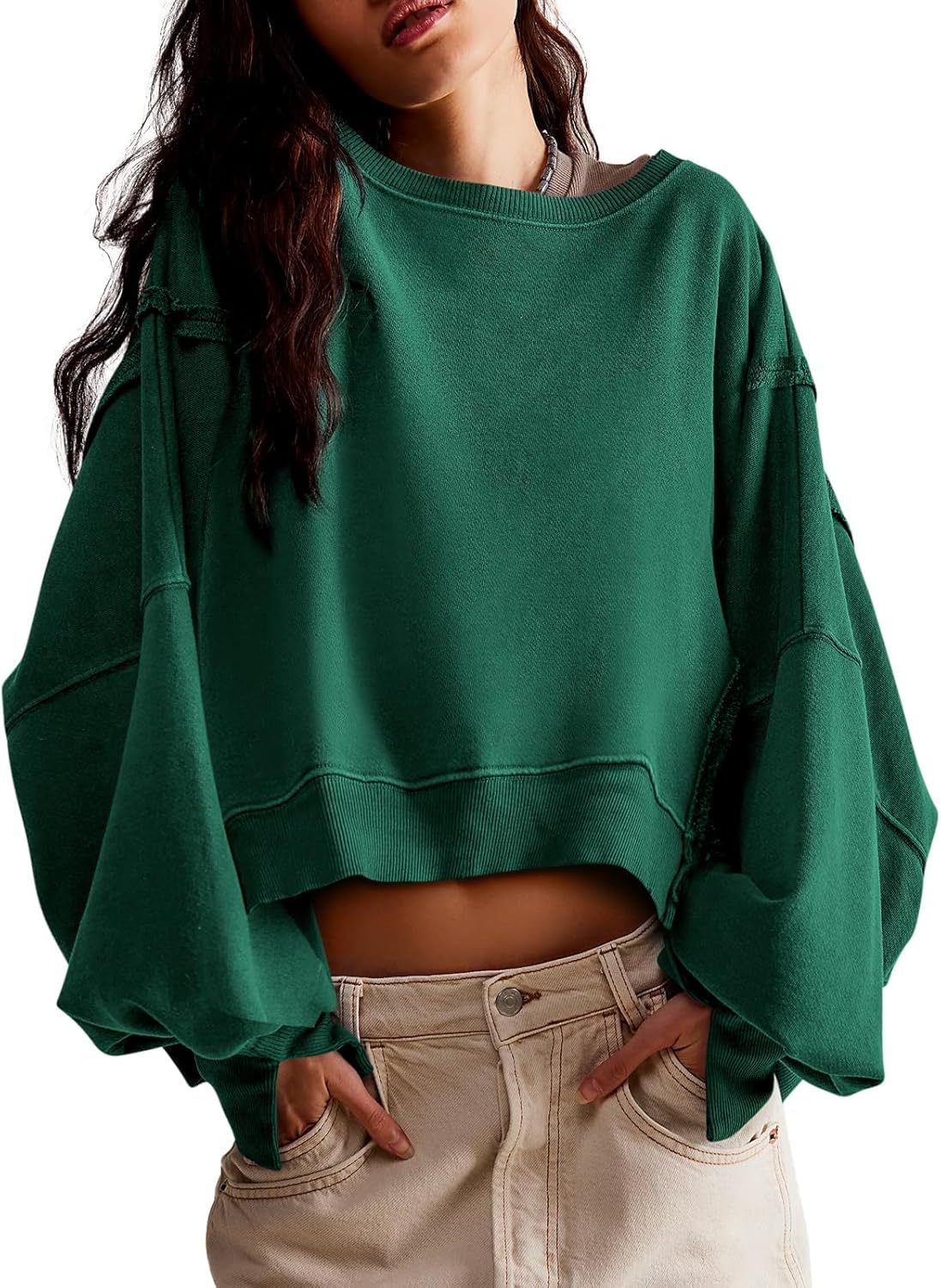 Thumbnail 5 de Zwurew Womens Casual Crewneck Sweatshirt Pullover (Long Sleeve, Side Slit, Loose Fit Crop Tee)