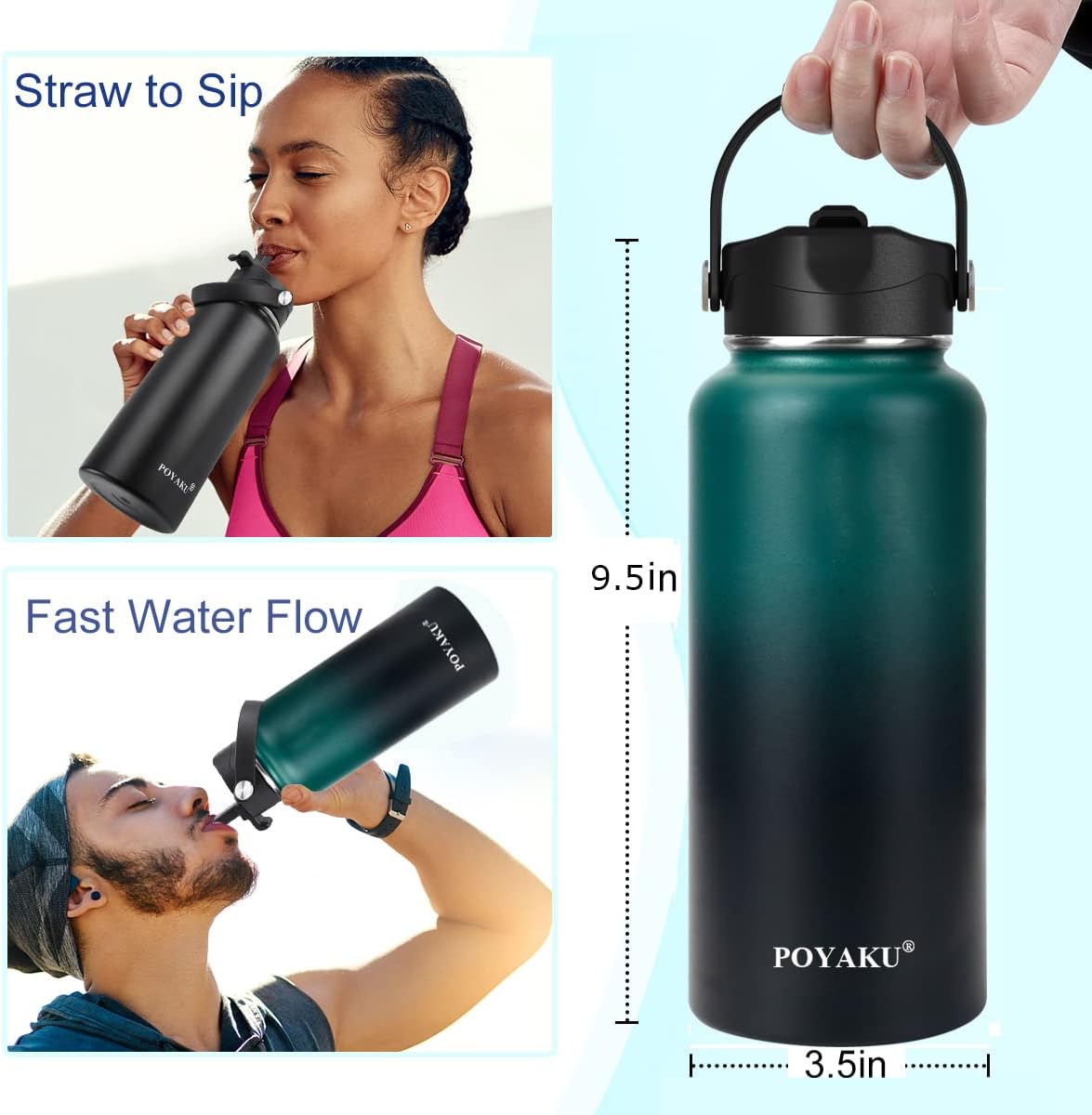 Thumbnail 2 de Water Bottle Insulated 32oz/40oz/64oz/128oz with 3 Lids: Leak-Proof Vacuum Stainless Steel Bottle