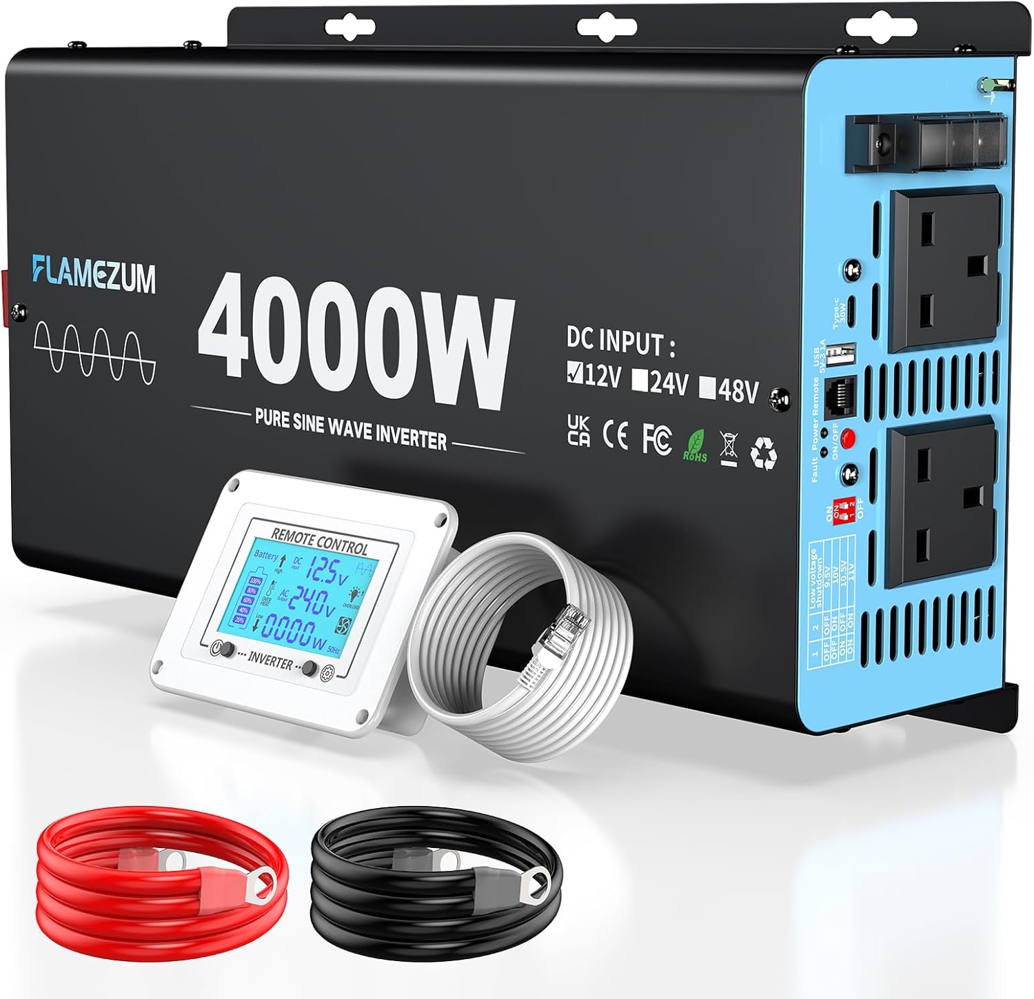 Detalle de Pure sine wave inverter 4000W/8000W (12V to 240V) with LCD wired remote, AC outlets and USB-A/USB-C