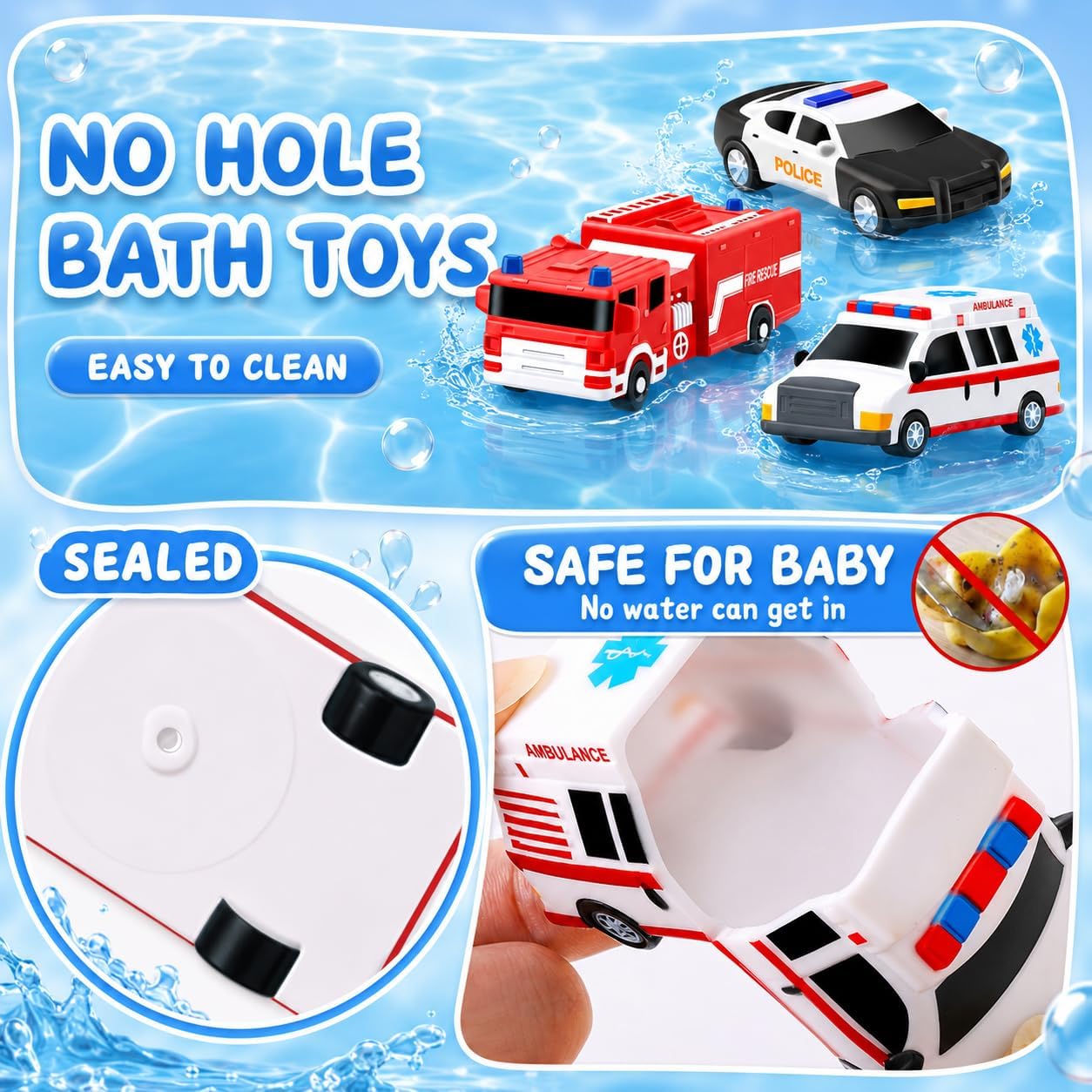 Detalle de Kein Loch Badspielzeug – 3‑teilige Auto-Badespielzeug-Kollektion für Kleinkinder (Polizei, Feuerwehr, Krankenwagen)