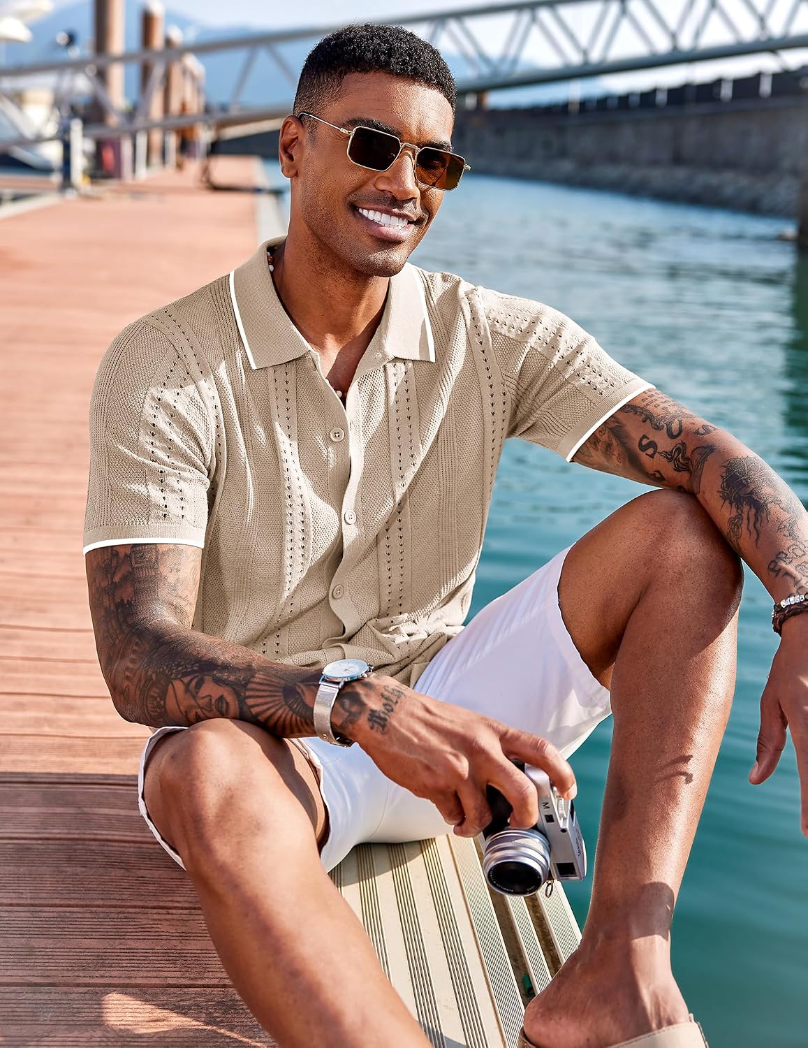 Thumbnail 6 de COOFANDY Men's Knit Button-Down Shirt, Short Sleeve, Hollow-Knit Design