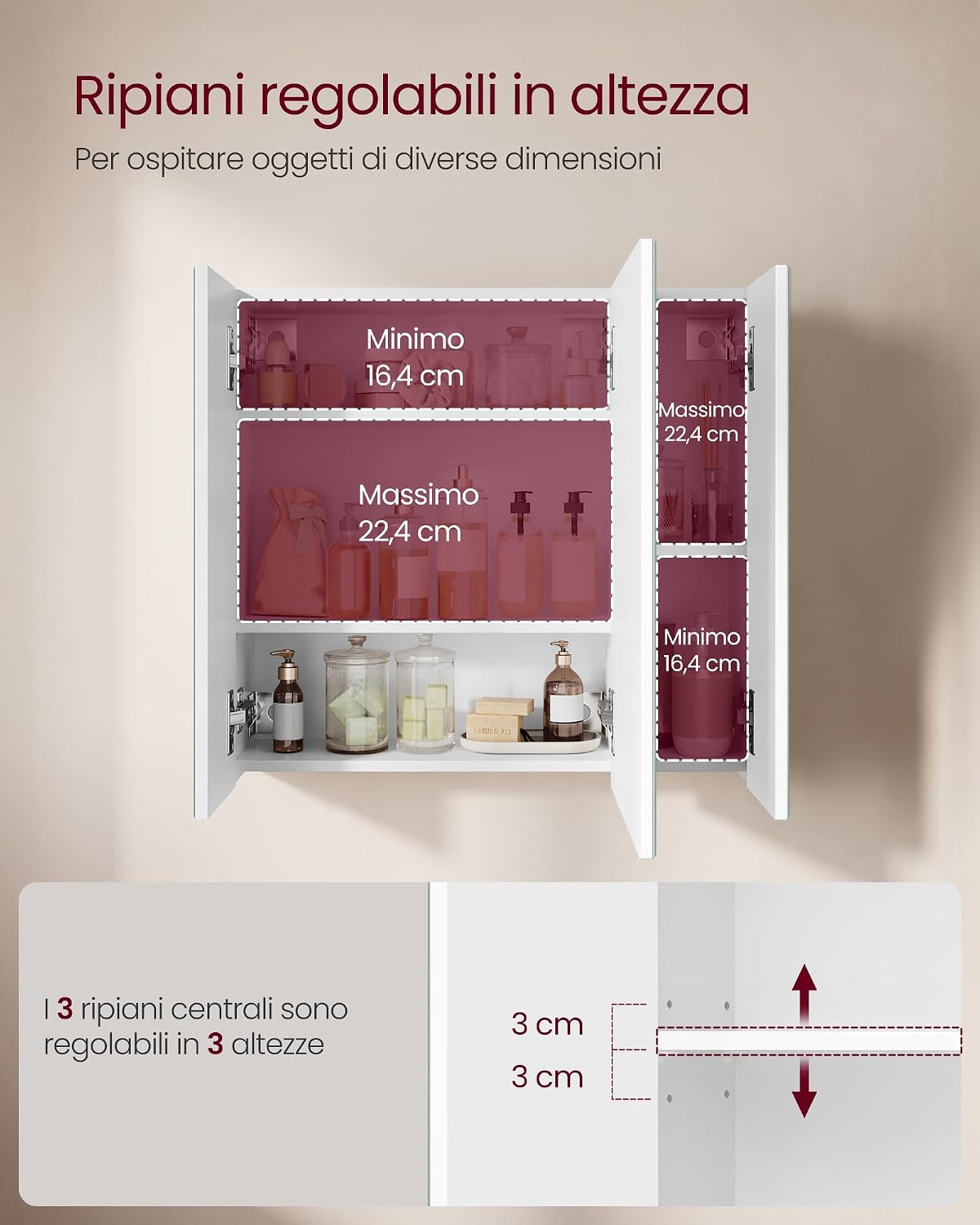 Detalle de VASAGLE KAILYN BBK22WT Armadietto a specchio da parete per bagno bianco 15 x 60 x 55 cm
