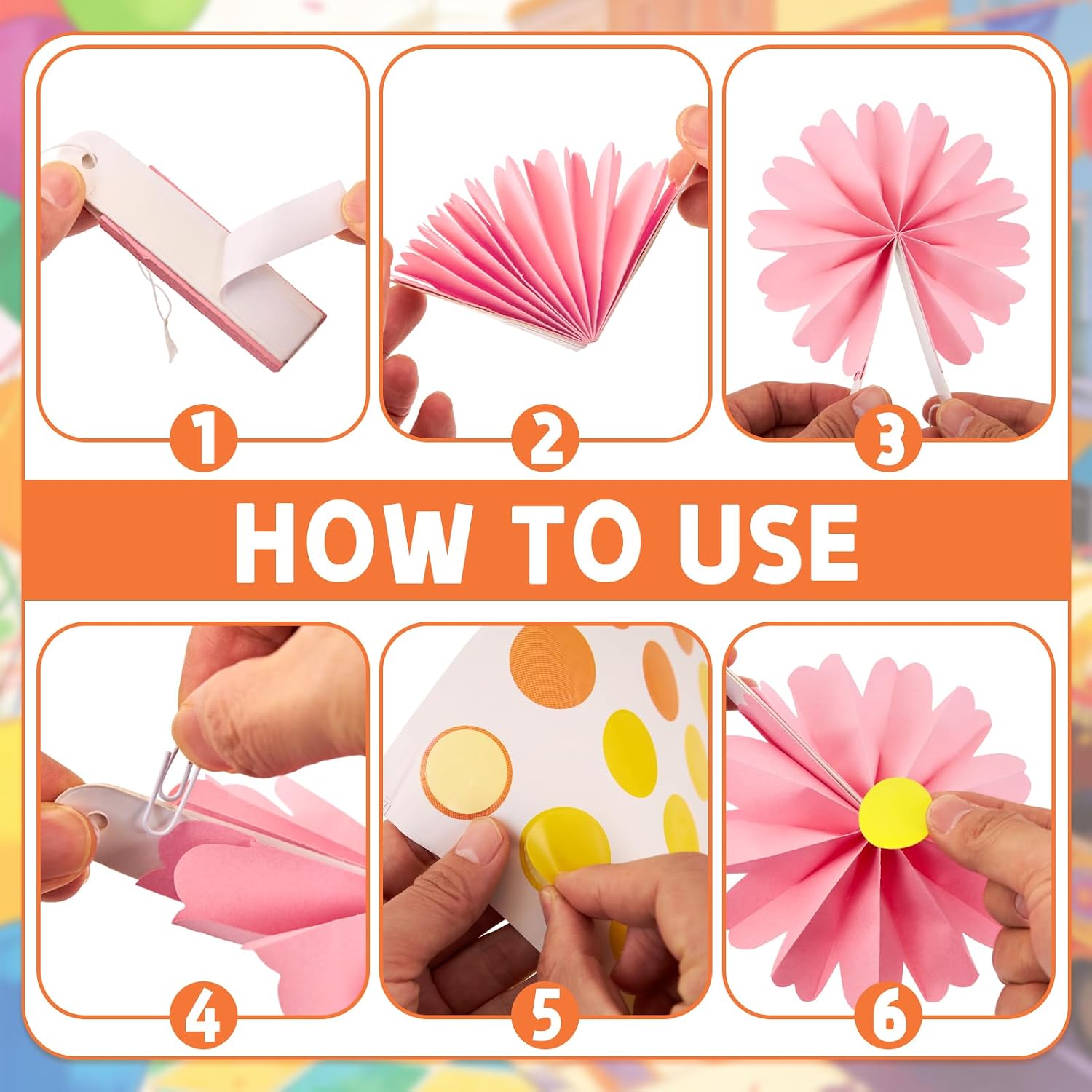 Detalle de SUNBEAUTY 48er Set Papierfächer Deko (Ø 15 cm) mit Stickern – orange & gelb für Party, Garten, Hochzeit & Kinder