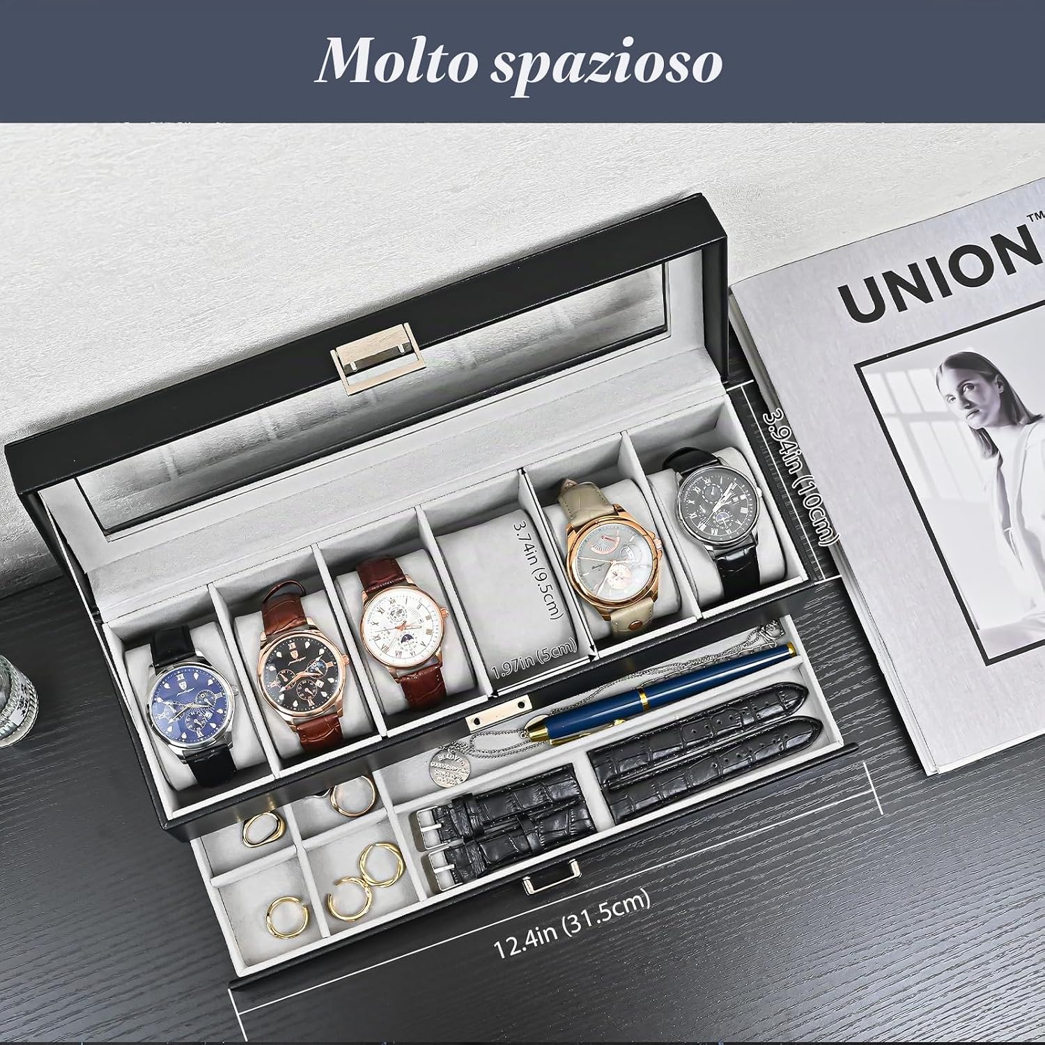 Detalle de ProCase Scatola porta orologi con 6 scomparti e coperchio in vetro – 32,5×11×11 cm