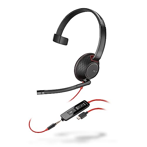 Detalle de Poly Blackwire 5210 Wired Headset by PLT — Flexible Noise-Canceling Boom Mic, Single-Ear, USB-C/USB-A/3.5mm