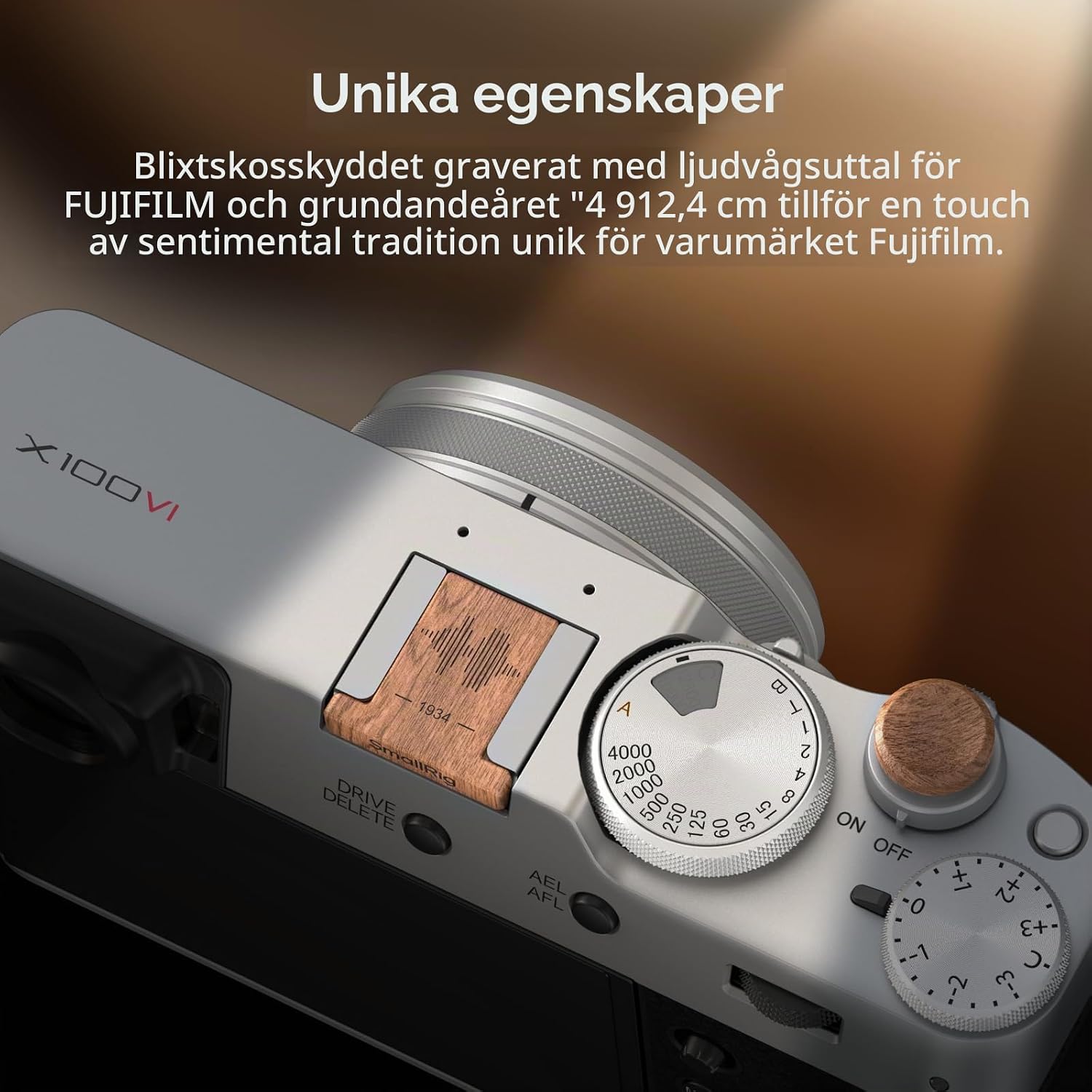 Detalle de SMALLRIG 6238 blixtskoskydd med avtryckarknapp i rosenträ