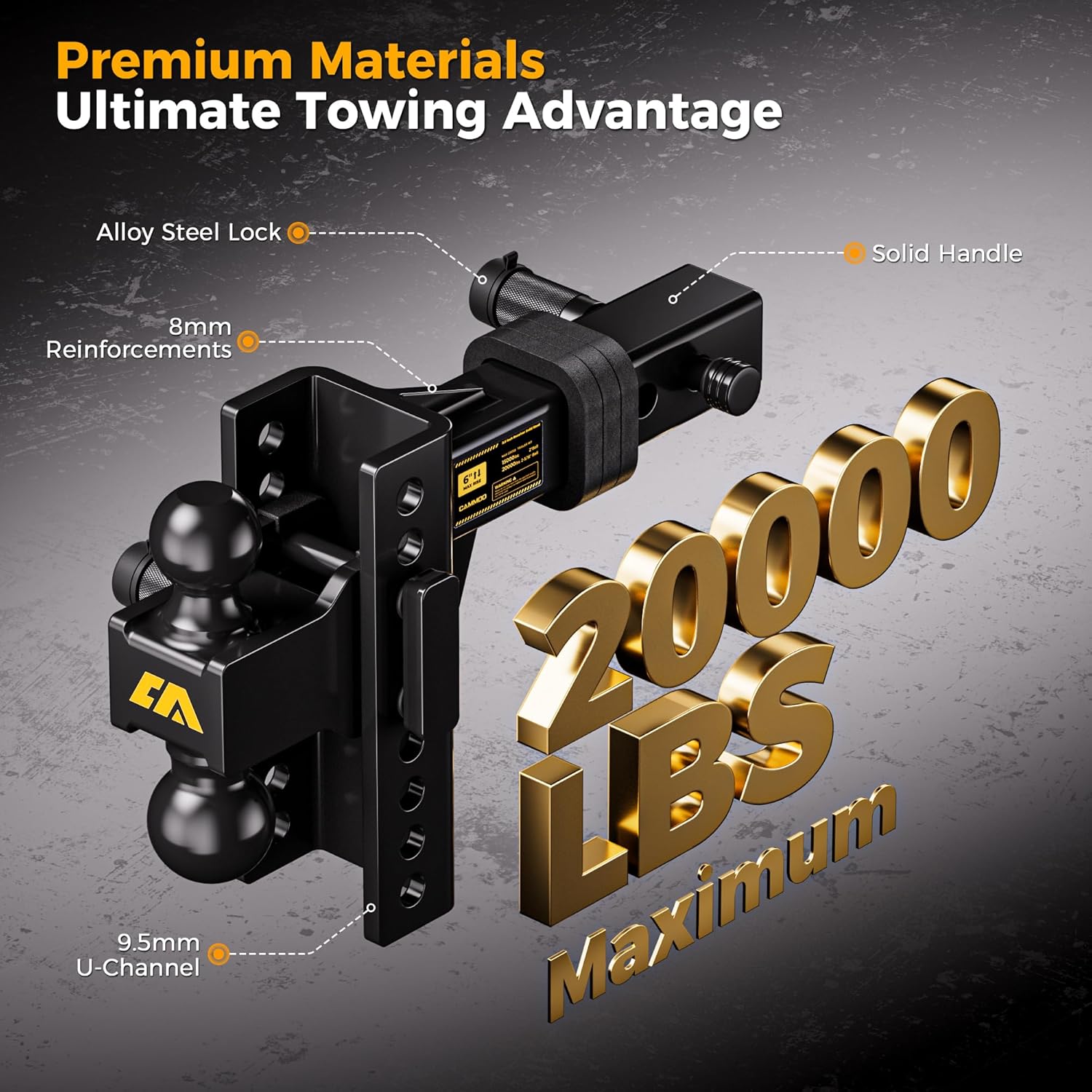 Detalle de CAMMOO Adjustable Trailer Hitch ML-2060: 6-In Rise/Drop, 2" and 2-5/16" Balls, 20,000 LBS GTW