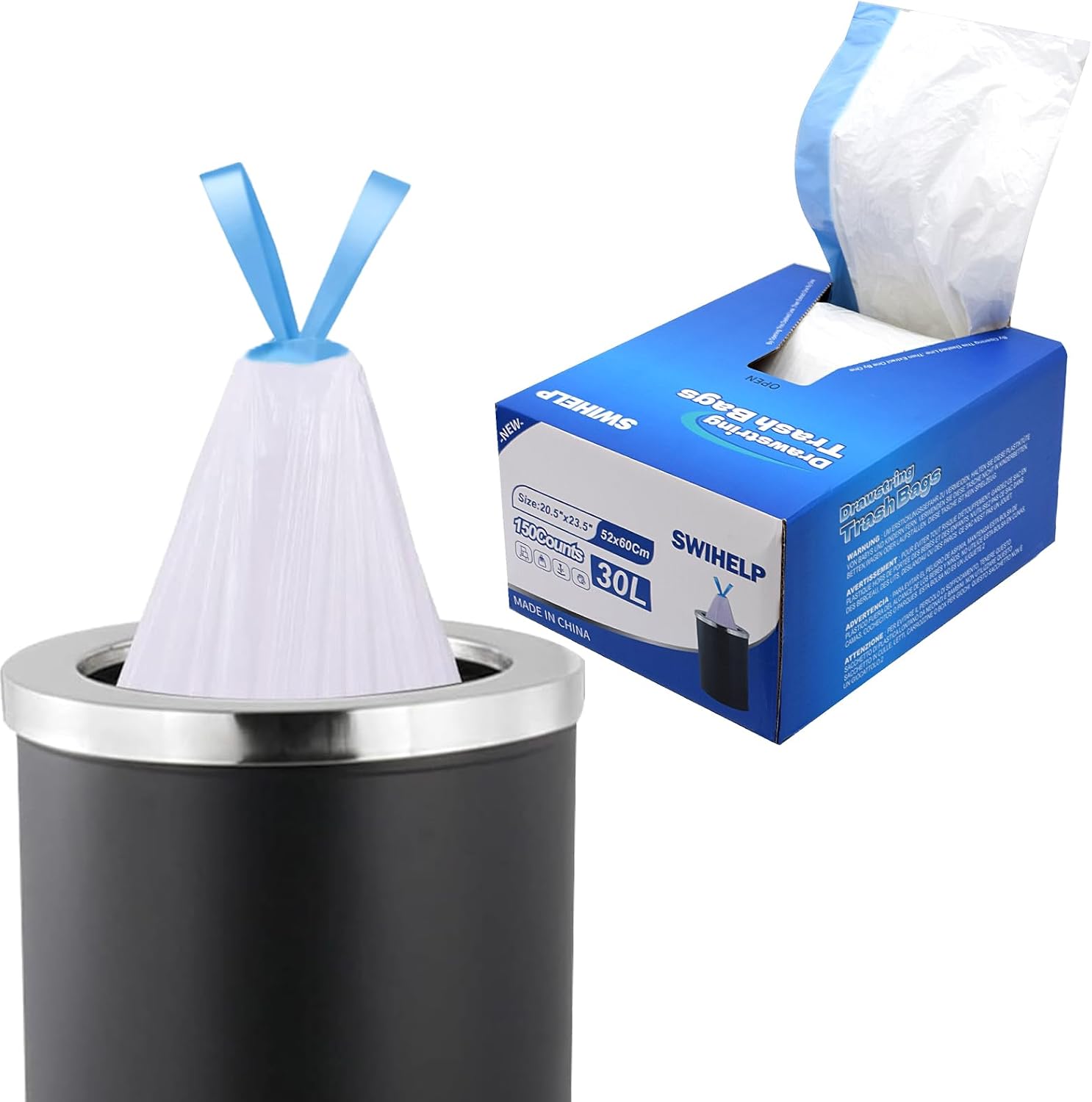 Detalle de SWIHELP trekkoordvuilniszakken 25-30 liter, 150 stuks, 52 x 60 cm