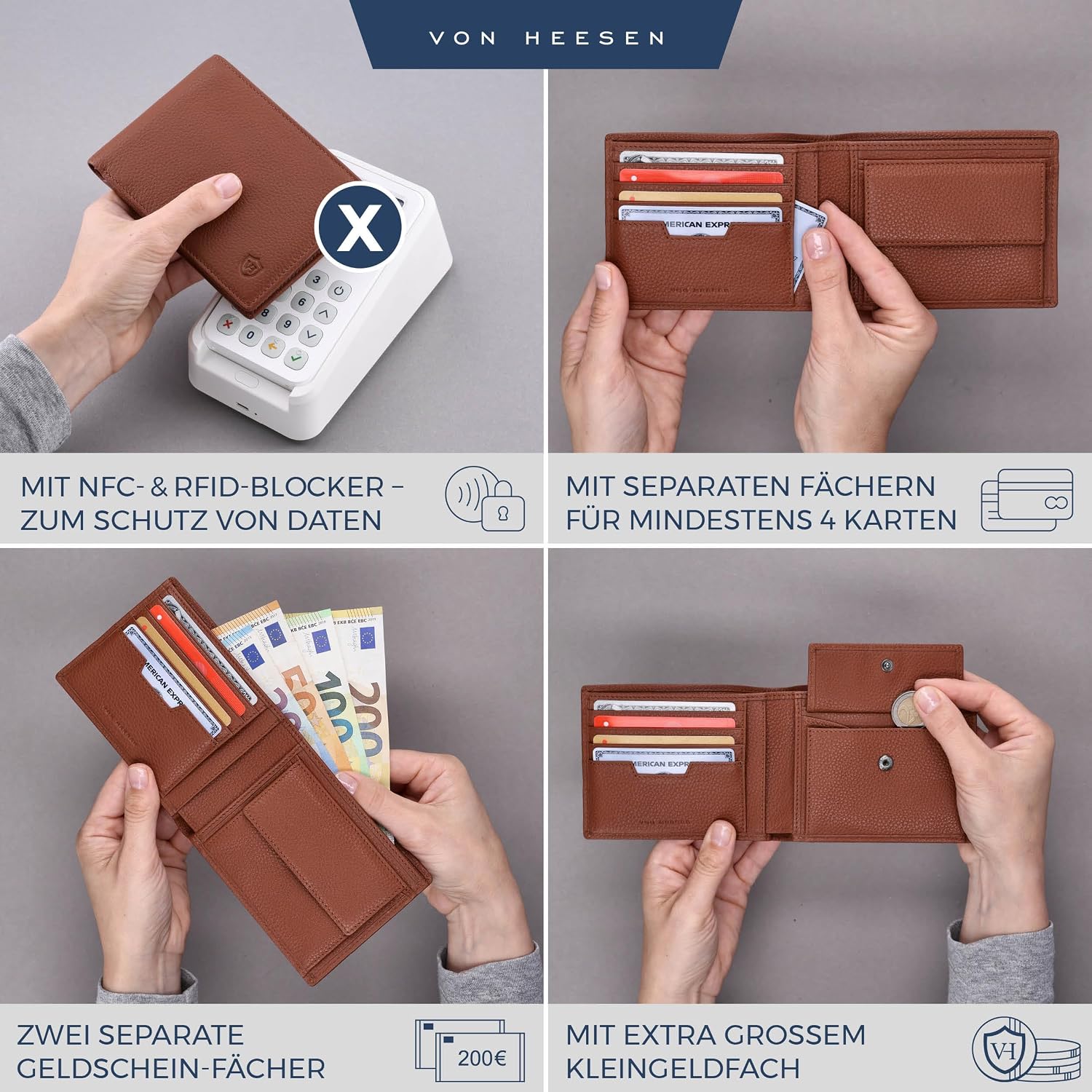 Detalle 2 de VON HEESEN Leder-Geldbörse mit RFID-Schutz aus Echtleder (Cognac-Braun)