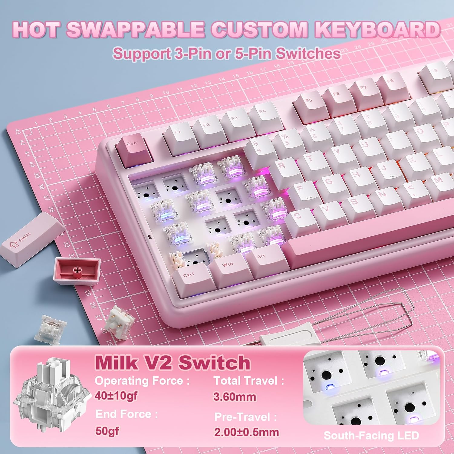 Thumbnail 5 de YUNZII B98 Pro QMK/VIA Wireless Mechanical Gaming Keyboard (96% with Numpad) — BT/2.4G/USB-C, Pink Milk V2 Linear, Cute Cat Knob