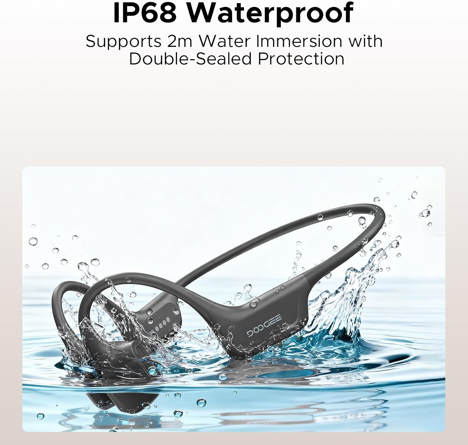Detalle 2 de DOOGEEeco Cuffie a Conduzione Ossea per Nuoto, 64 GB MP3, Bluetooth 5.4, IP68 – grigio scuro