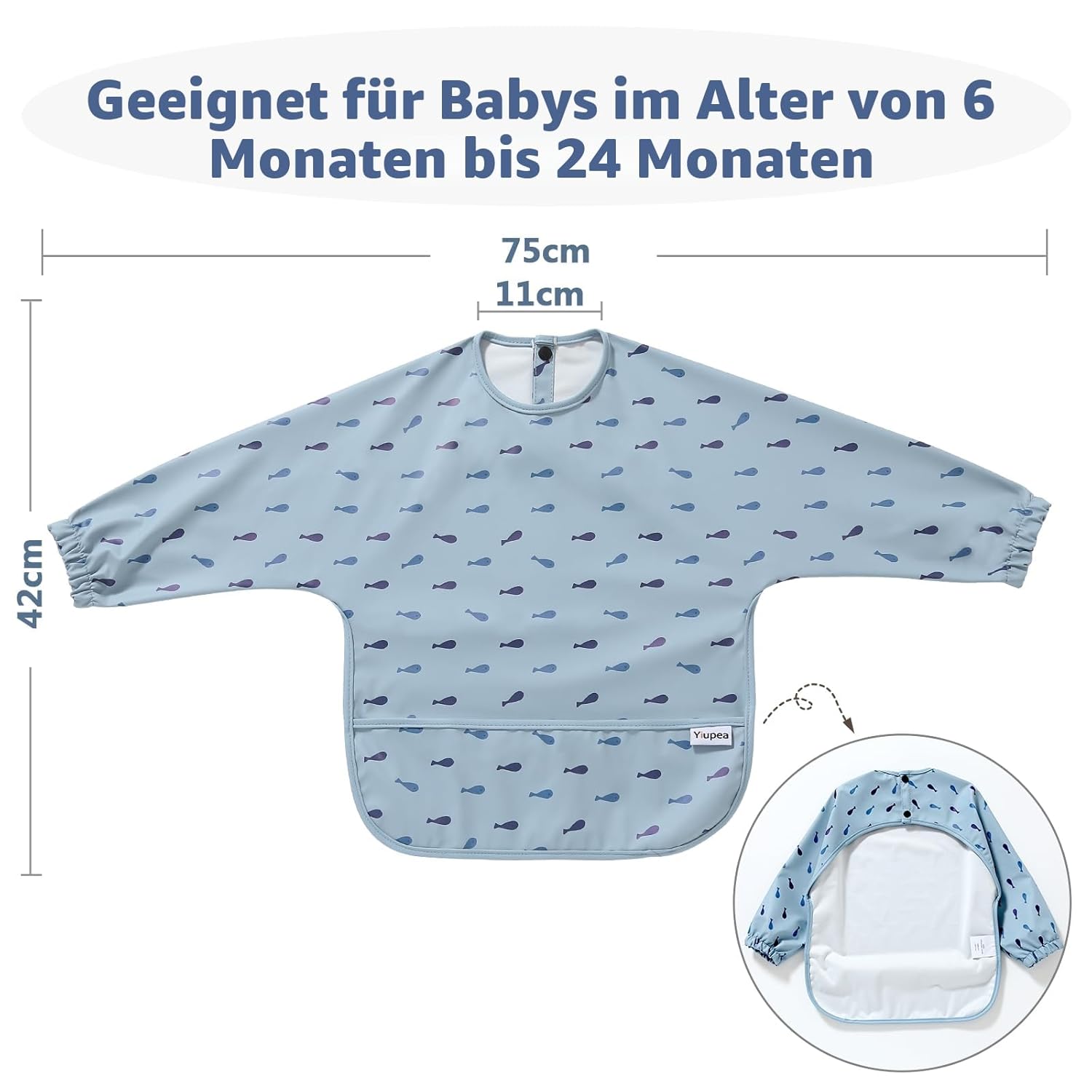 Detalle de Yiupea Lätzchen mit Ärmeln „Mess Proof“ (Baby Led Weaning), wasserdicht & maschinenwaschbar – Blau, 6–24 Monate