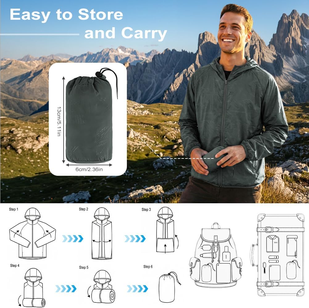 Thumbnail 6 de BSBUY Regenjacke Faltbar Wasserdichte, Sonnenschutzmantel – Leichte Allwetter-Jacke für Outdoor, Grau, M-XL