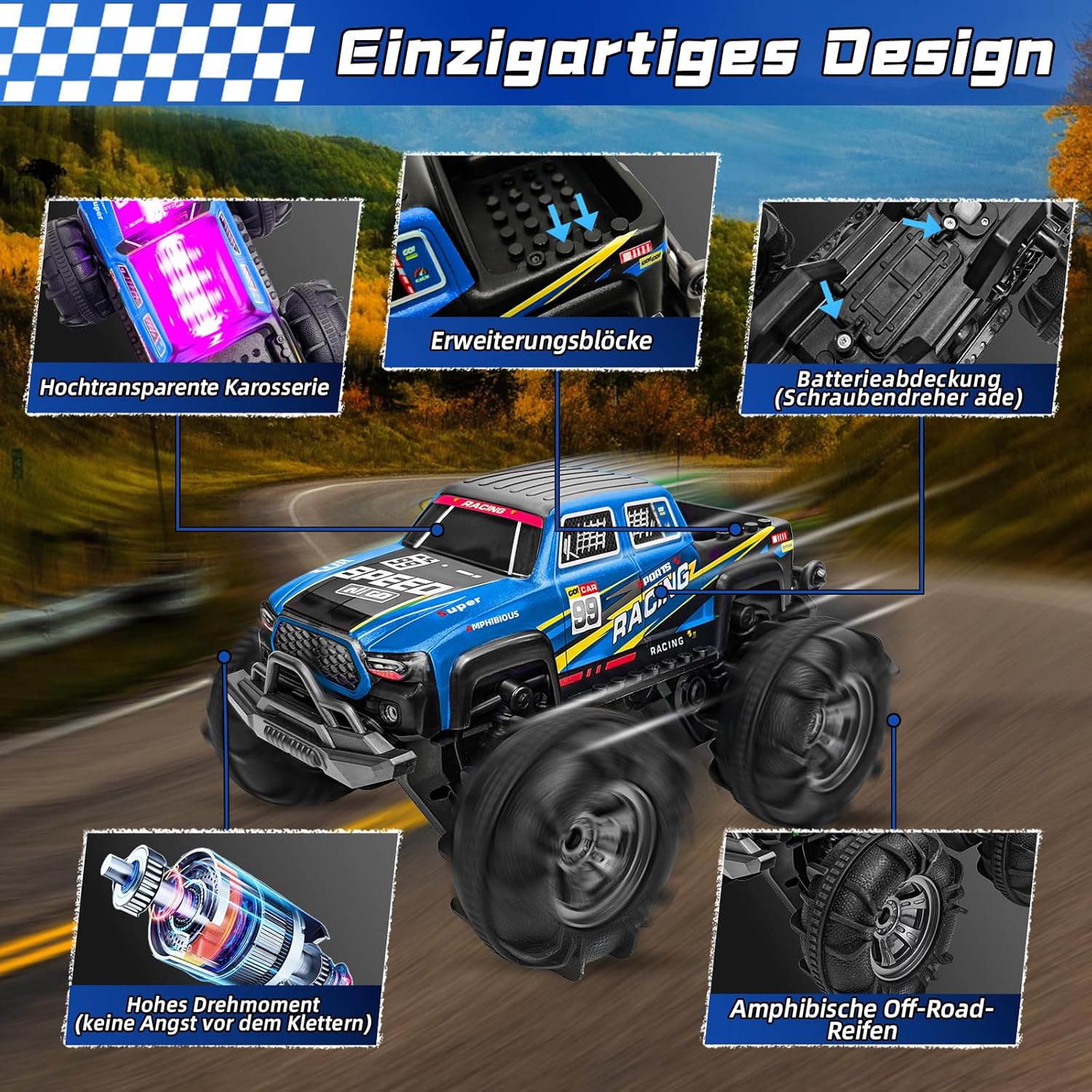 Detalle de Charmofun Amphibisches Fernsteuerauto 1:16 – 4WD, wasserdicht, Gestensensor und LED-Beleuchtung