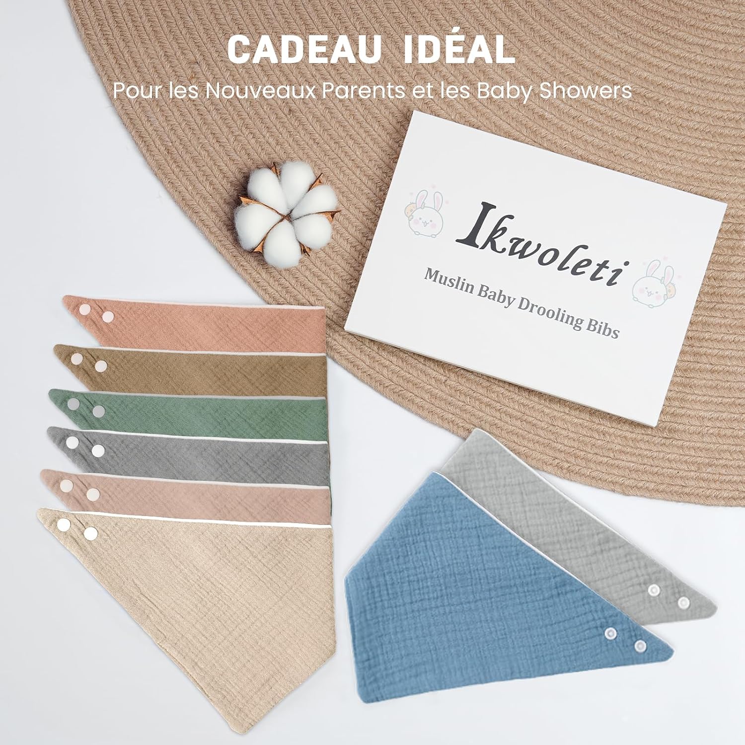 Thumbnail 5 de IKWOLETI Bavoirs Bébé Naissance Mousseline – Ensemble 8 bandanas absorbants et ajustables