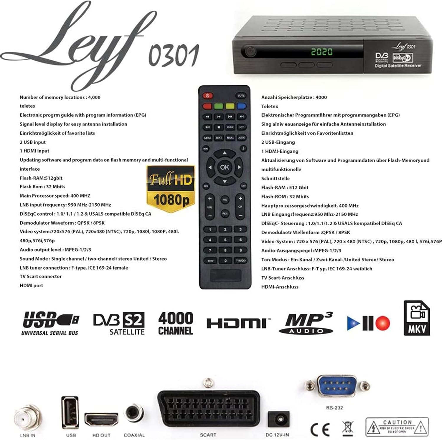 Thumbnail 6 de Leyf Satellitenempfänger HD DVB-S/S2 mit HDMI und USB – vorinstallierte Astra/Hotbird/Türksat, inkl. HDMI-Kabel