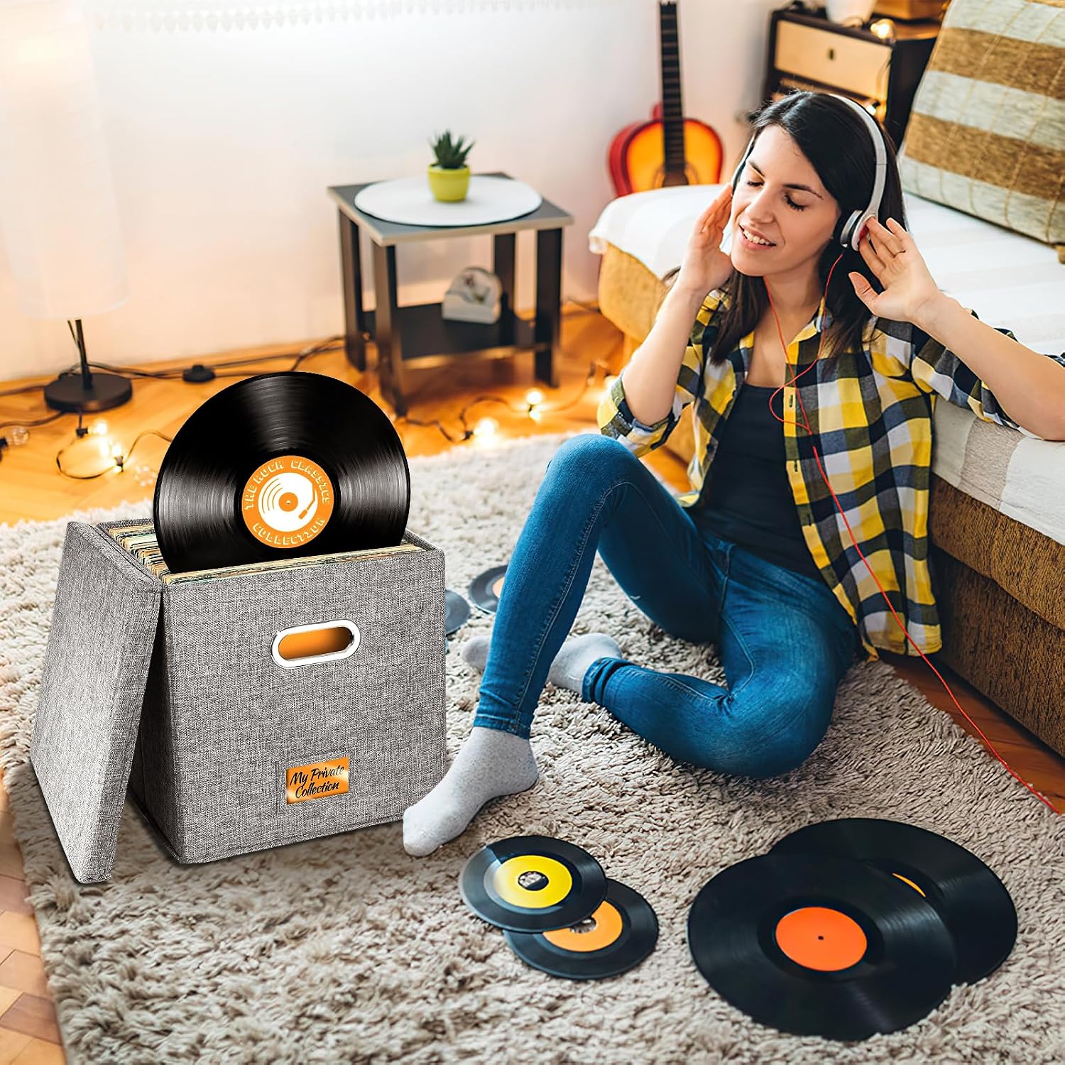 Detalle de Aolawco 2-Pack 12-inch Vinyl Record Storage Boxes with Lids & Handles (Grey) – Folding LP/ CD Organiser
